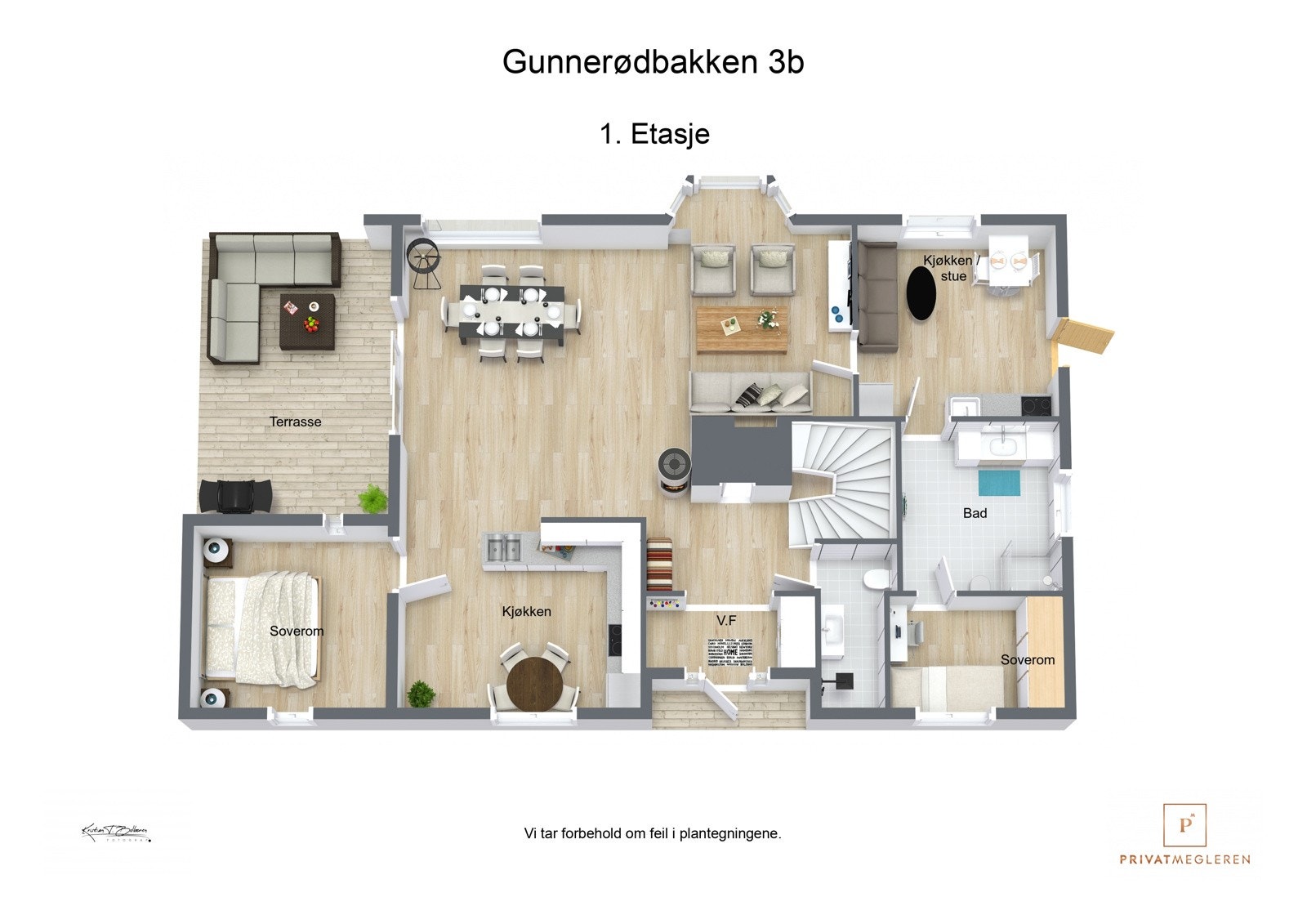 Gunnedrødbakken 3 B - 3D plantegning 1. Etasje - etter at tegningen er laget er det montert større soveromvindu Galleribilde
