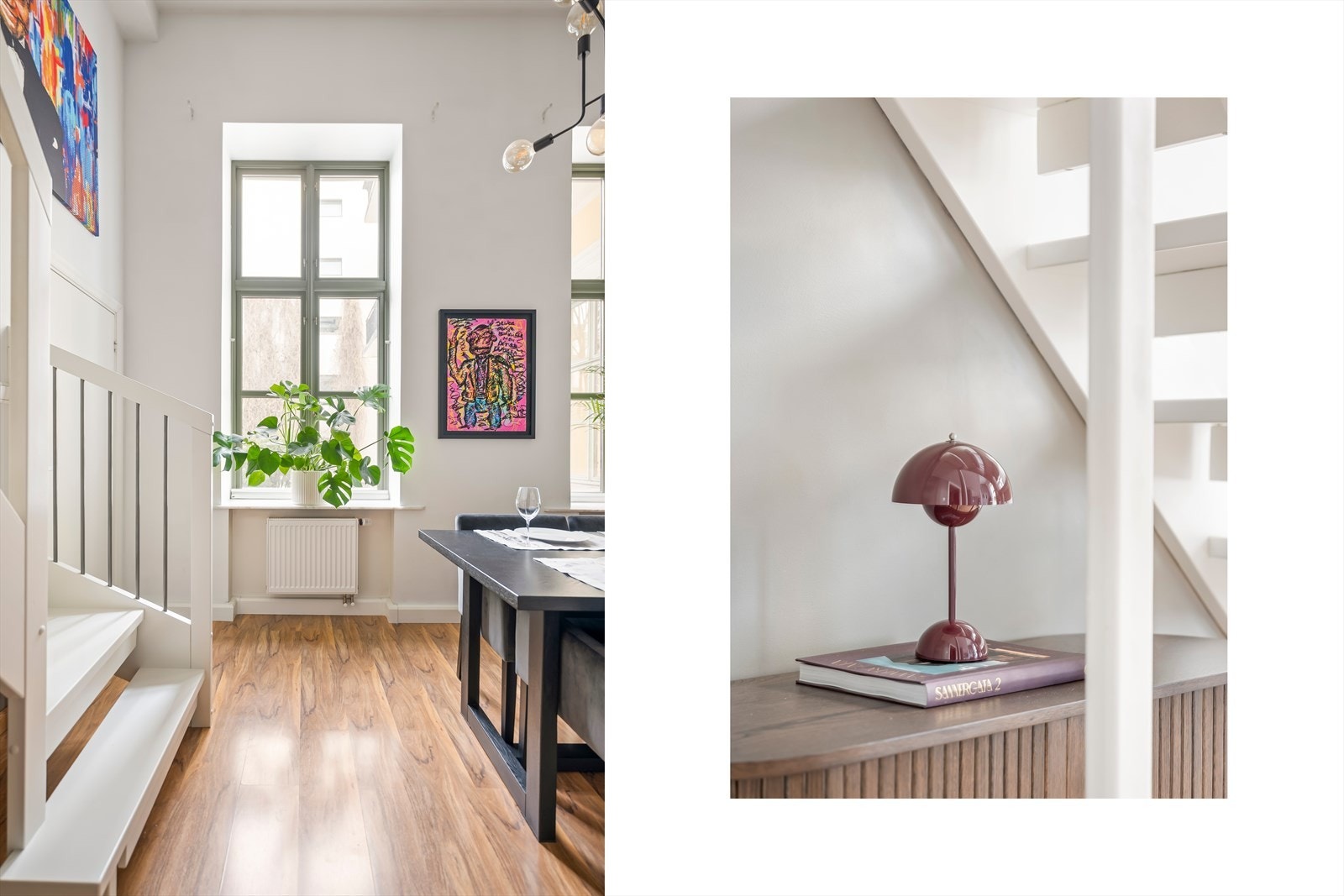 Fra spisestuen er det trappeadkomst videre opp til mesaninen. Galleribilde