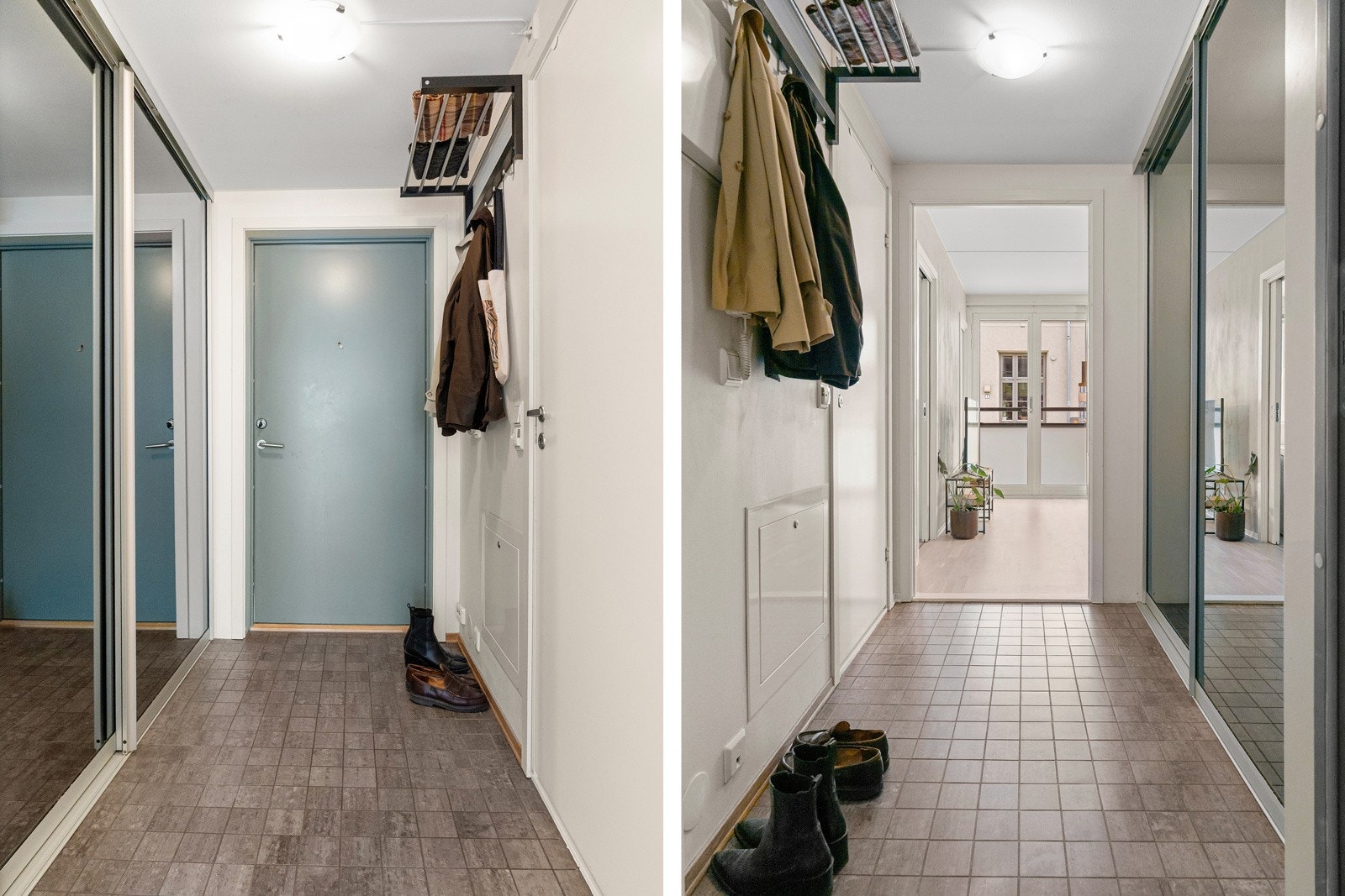 Innbydende entré som gir et godt førsteinntrykk av boligen. Gulvet er flislagt, og store skyveskap med speilfronter gir både rikelig oppbevaringsplass og en følelse av romslighet Galleribilde