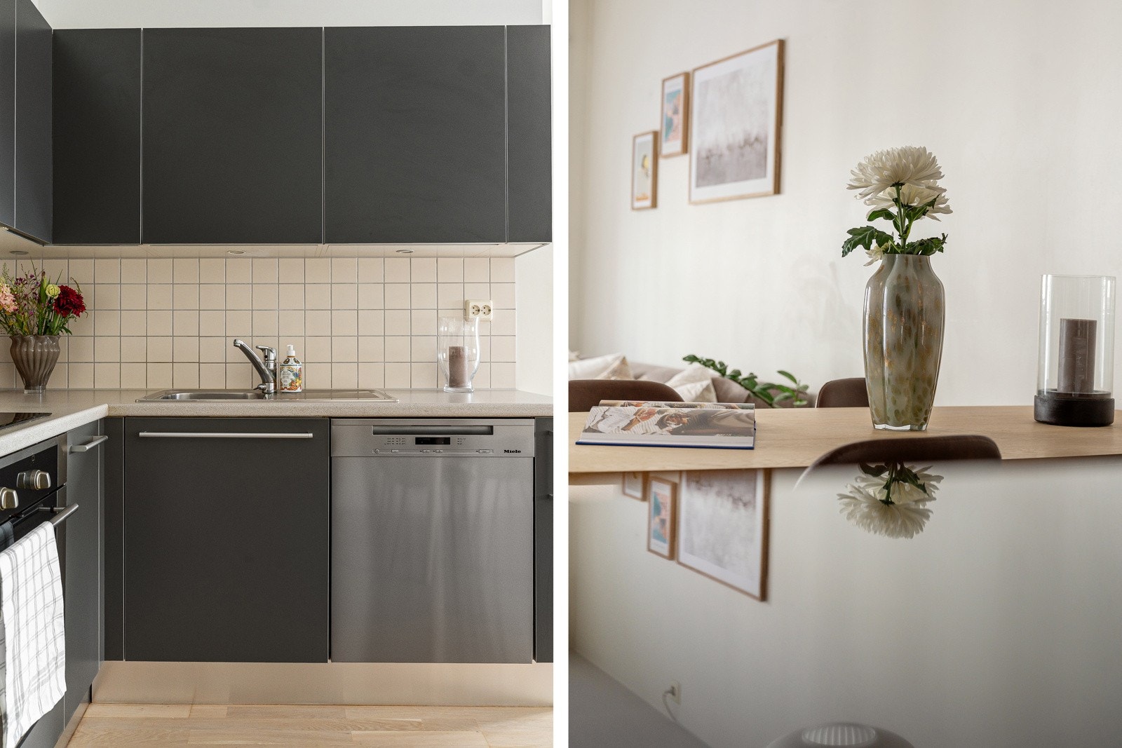 Veggene er delvis flislagt, og den lyse laminatbenkeplaten har nedfelt stålkum med ett-greps armatur i krom. Galleribilde