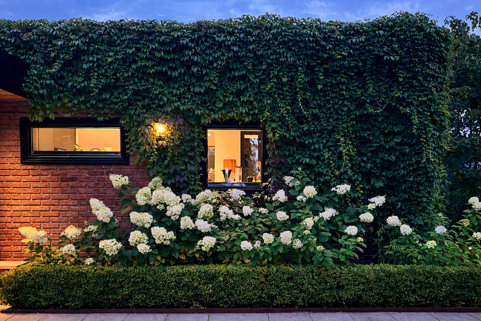 Om sommeren omkranses boligen av veletablert vegetasjon. (Redigert med KI). Galleribilde