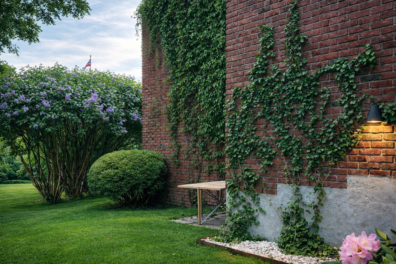 Boligens østside og syriner i blomstring. (Redigert med KI). Galleribilde