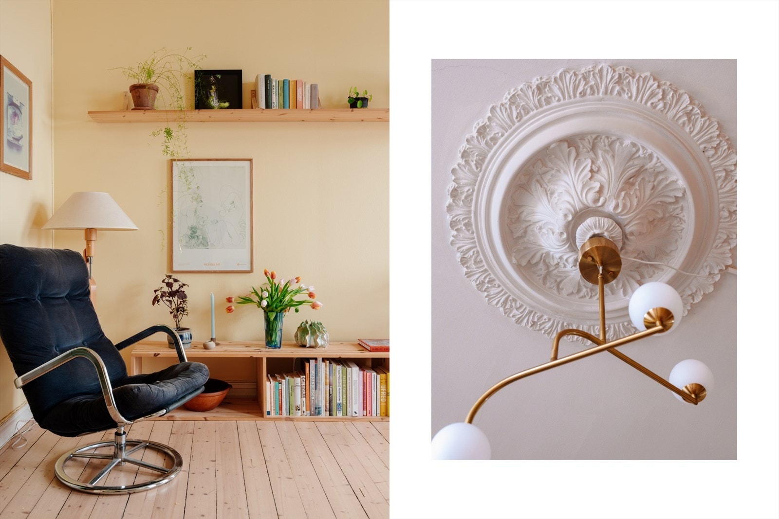 Klassiske detaljer som rosett og stukkatur er bevart og komplementerer den gode takhøyden. Galleribilde