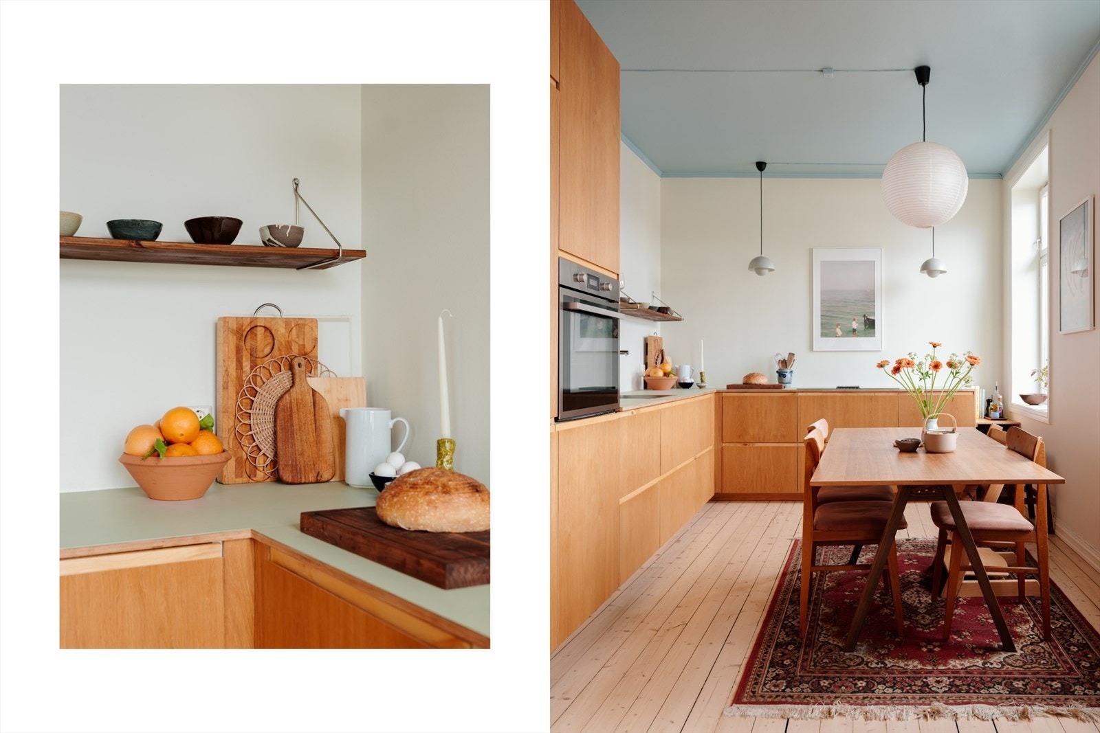 Her får du et tidløst og delikat kjøkken fra 2023 med snekkerbygde fronter i eik med integrert grep, integrerte hvitevarer som kjøleskap med fryser, komfyr, induksjonstopp med nedfelt avtrekksvifte og oppvaskmaskin. Galleribilde