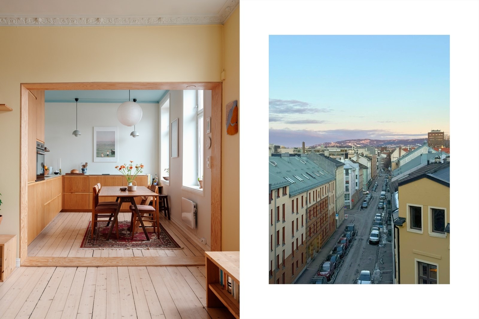 Fra vinduene i stue og kjøkken har du vidstrakt utsikt over hustakene og mot hopptårnet i Holmenkollen. Galleribilde