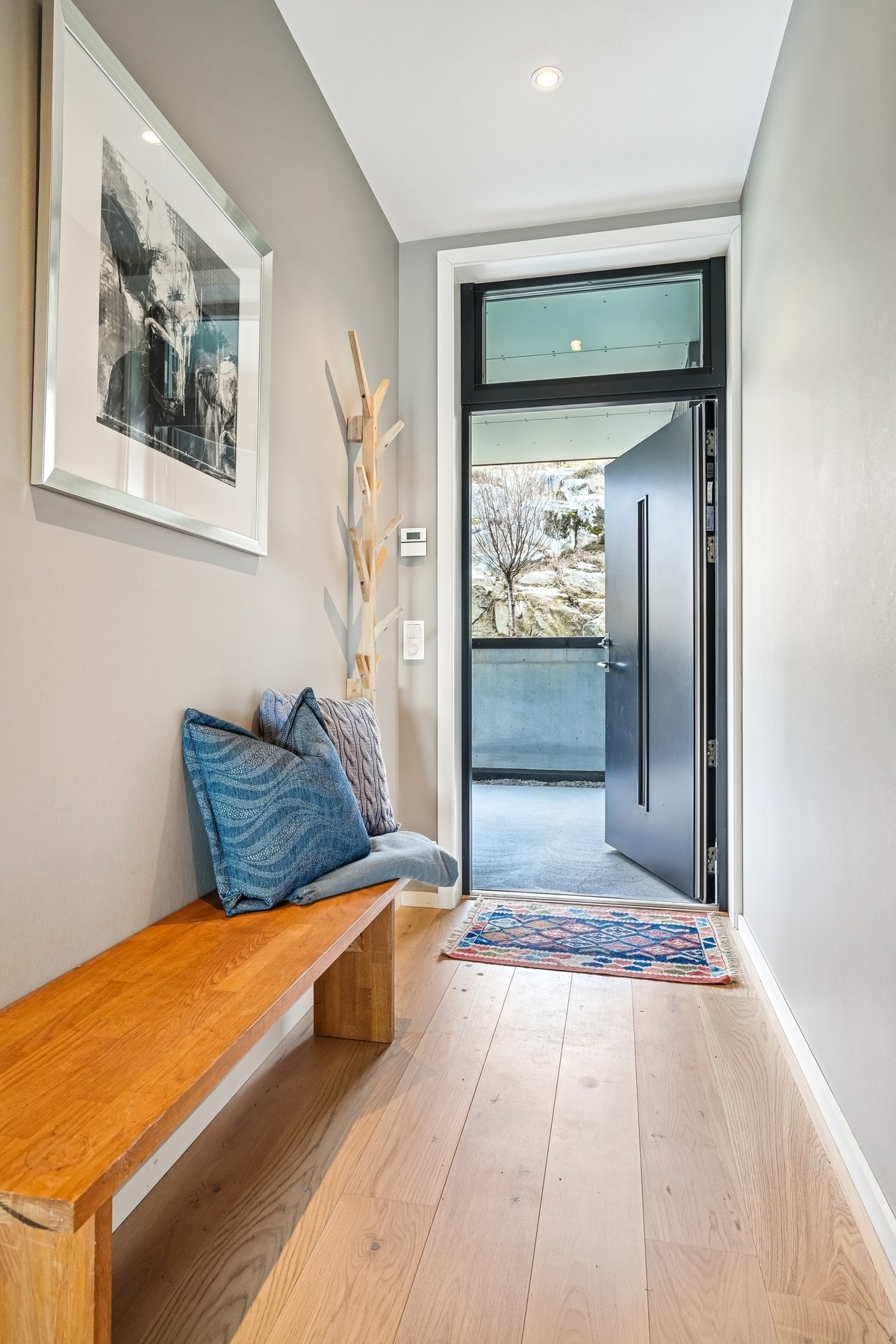 Entré med gulvoverflater av parkett, og malte slette flater på veggene. Galleribilde