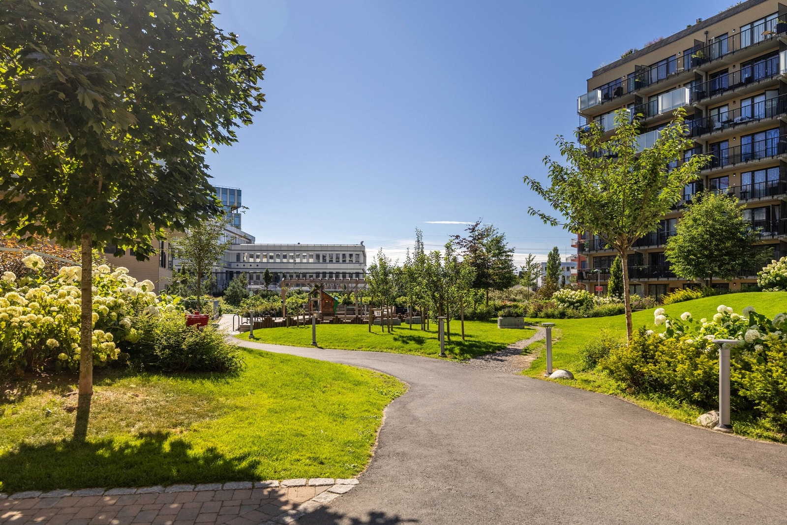 Parkmessig bakgård i naboborettslaget Ulven park. Galleribilde