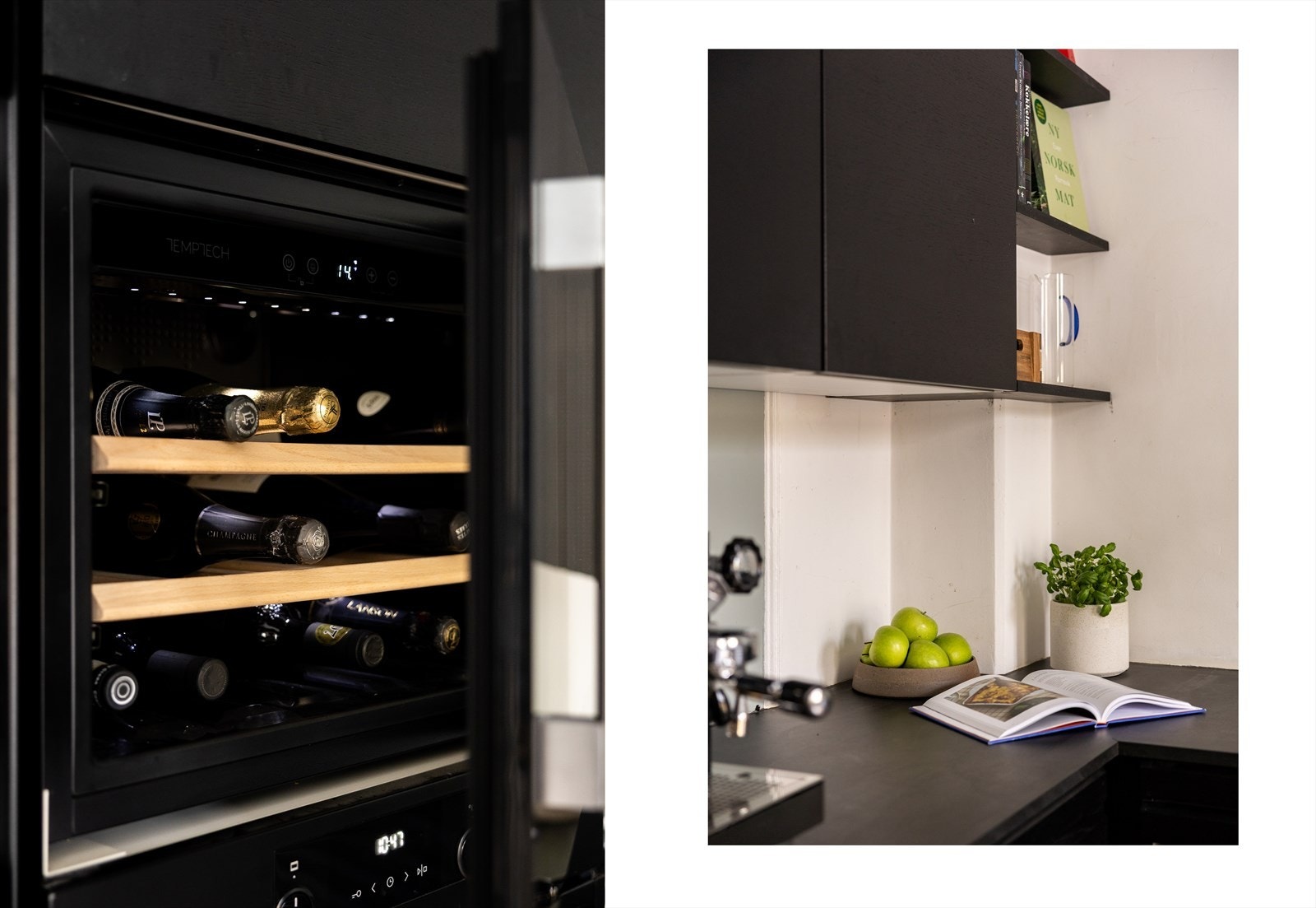 Kjøkkenet har integrerte hvitevarer som kjøl/frys fra Bosch, vinkjøleskap fra Temptech, stekeovn fra Gorenje samt oppvaskmaskin og induksjonsplatetopp med integrert kullfilter fra AEG. Galleribilde