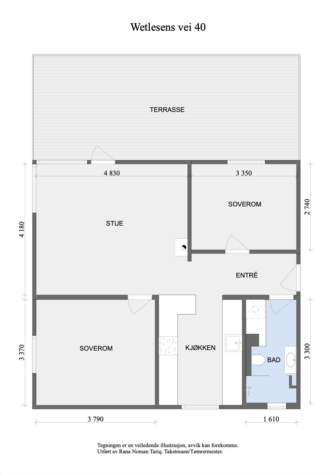 Plantegning - boligen inneholder stue, kjøkken, 2 soverom, terrasse, bad og entré. Galleribilde