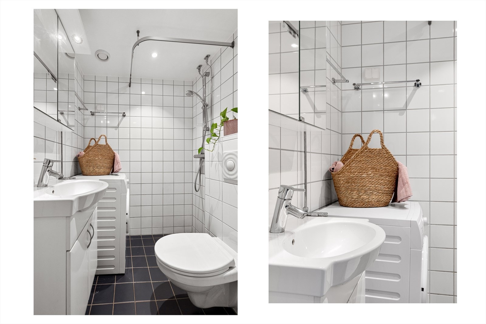 Innredet med dusjplass, servant med underskap, speilskap med belysning, veggmontert wc og opplegg for vaskemaskin. Varmekabler i gulvet bidrar til økt komfort. Galleribilde