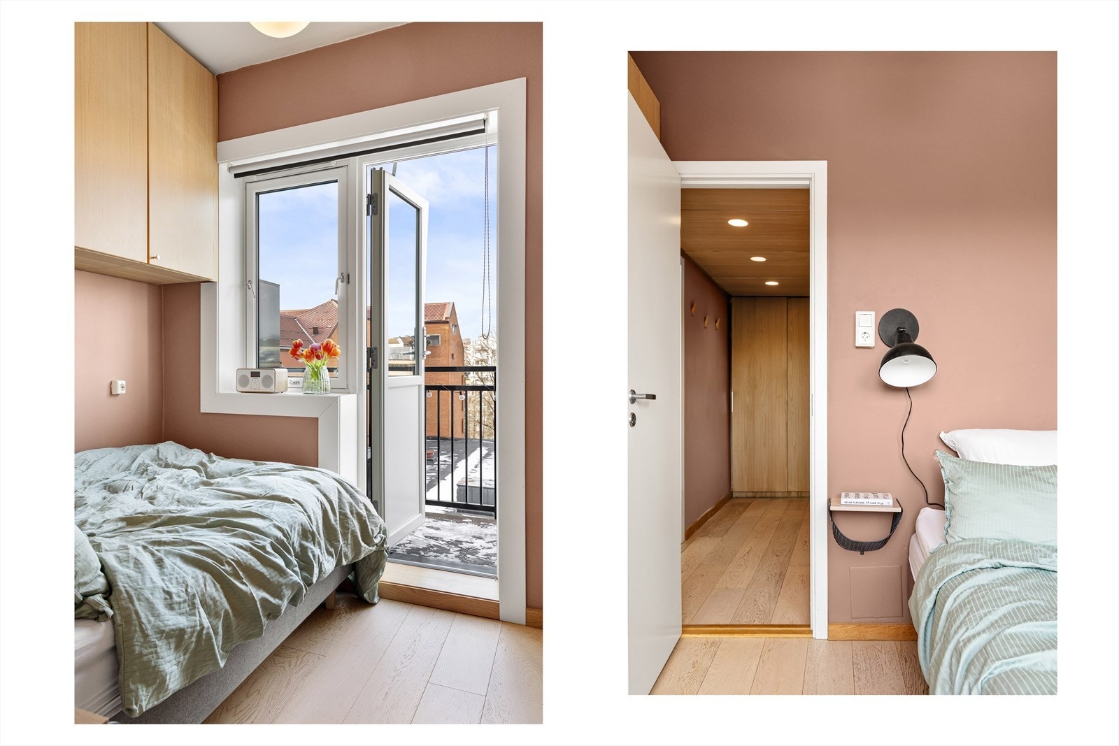 Direkte utgang til balkongen gir gode muligheter for lufting og tilfører rommet en ekstra romfølelse, samtidig som vindusflater sørger for godt med naturlig lys. Galleribilde