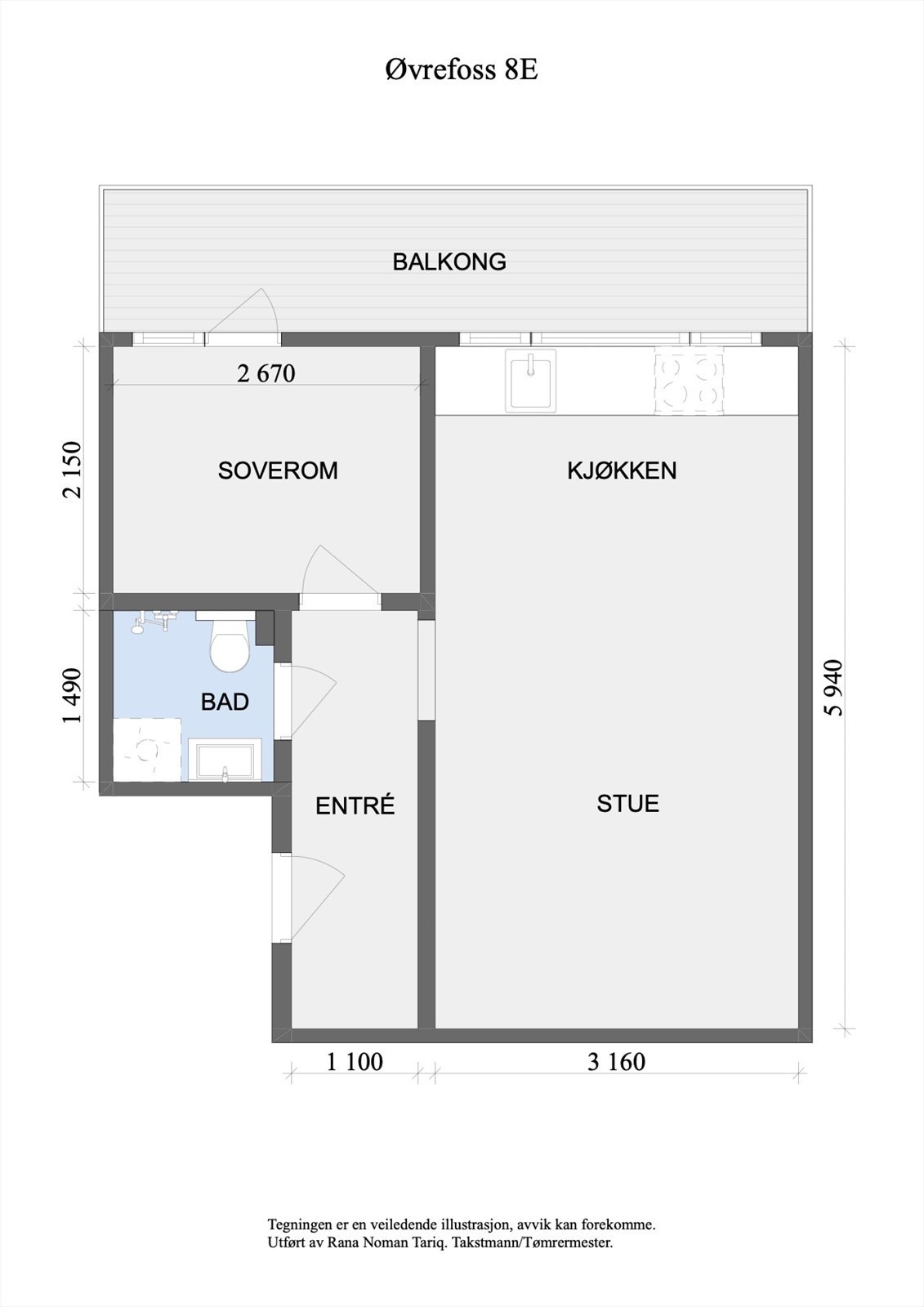 Plantegning - boligen inneholder ett soverom, kjøkken/stue, bad, entré og balkong. I tillegg disponerer leiligheten en kjellerbod. Det er mulig for leie av p-plass utenfor boligen. Galleribilde