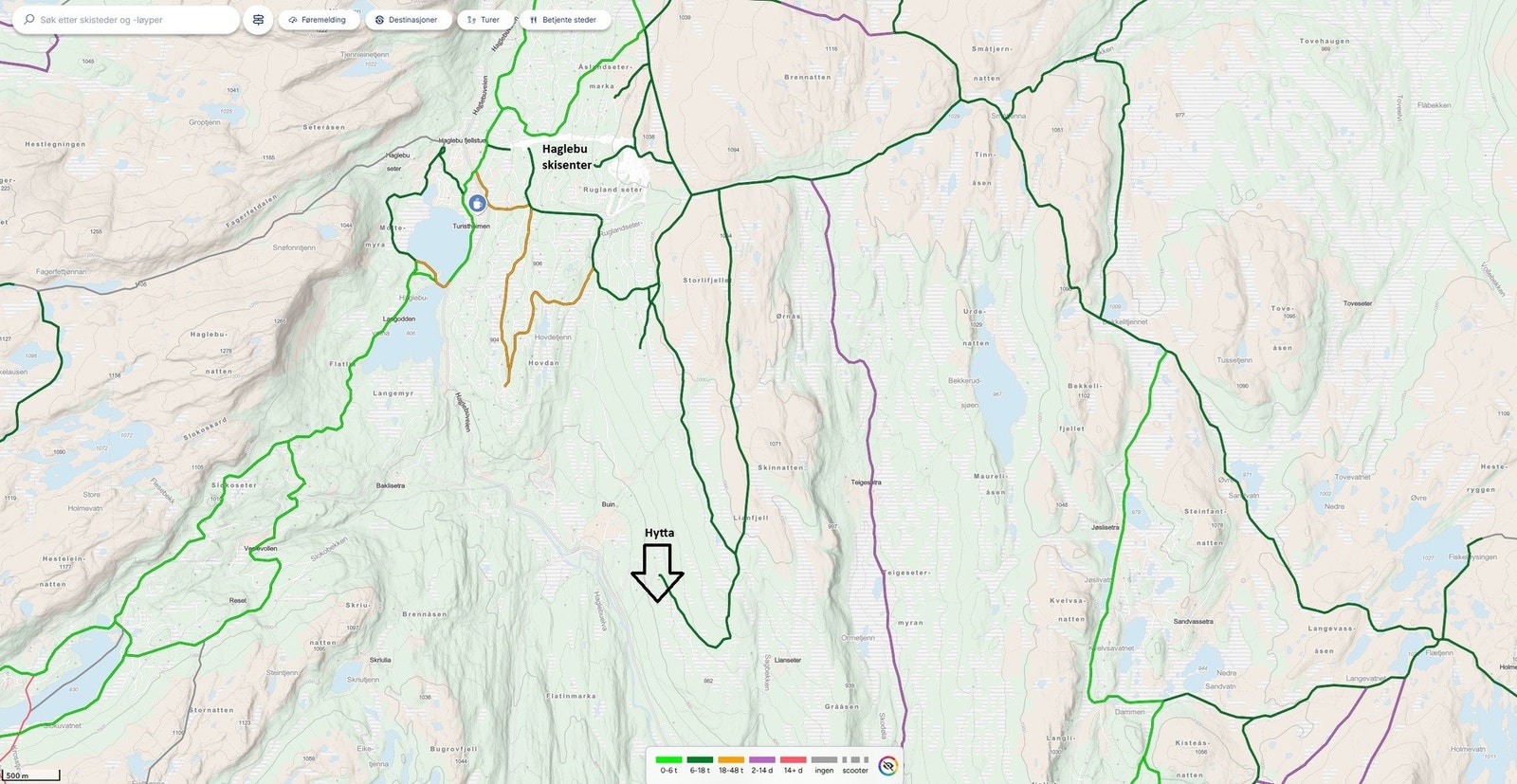Skiløypekart - løypene bygynner rett nær hytta. Galleribilde