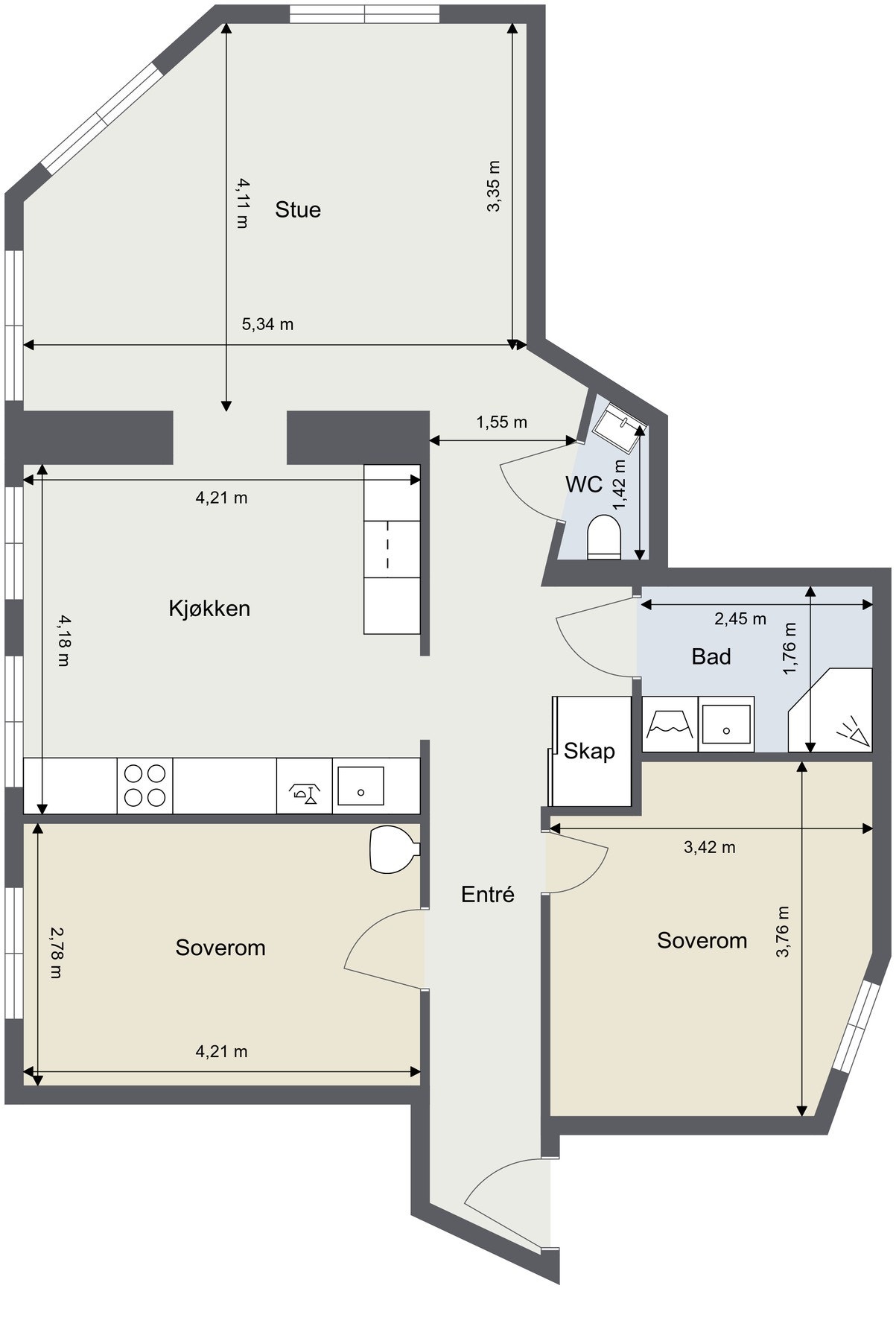 Etterspurt planløsning med stuer på rad. 1,5 baderom. Skissen er ikke målbar og avvik kan forekomme. Galleribilde