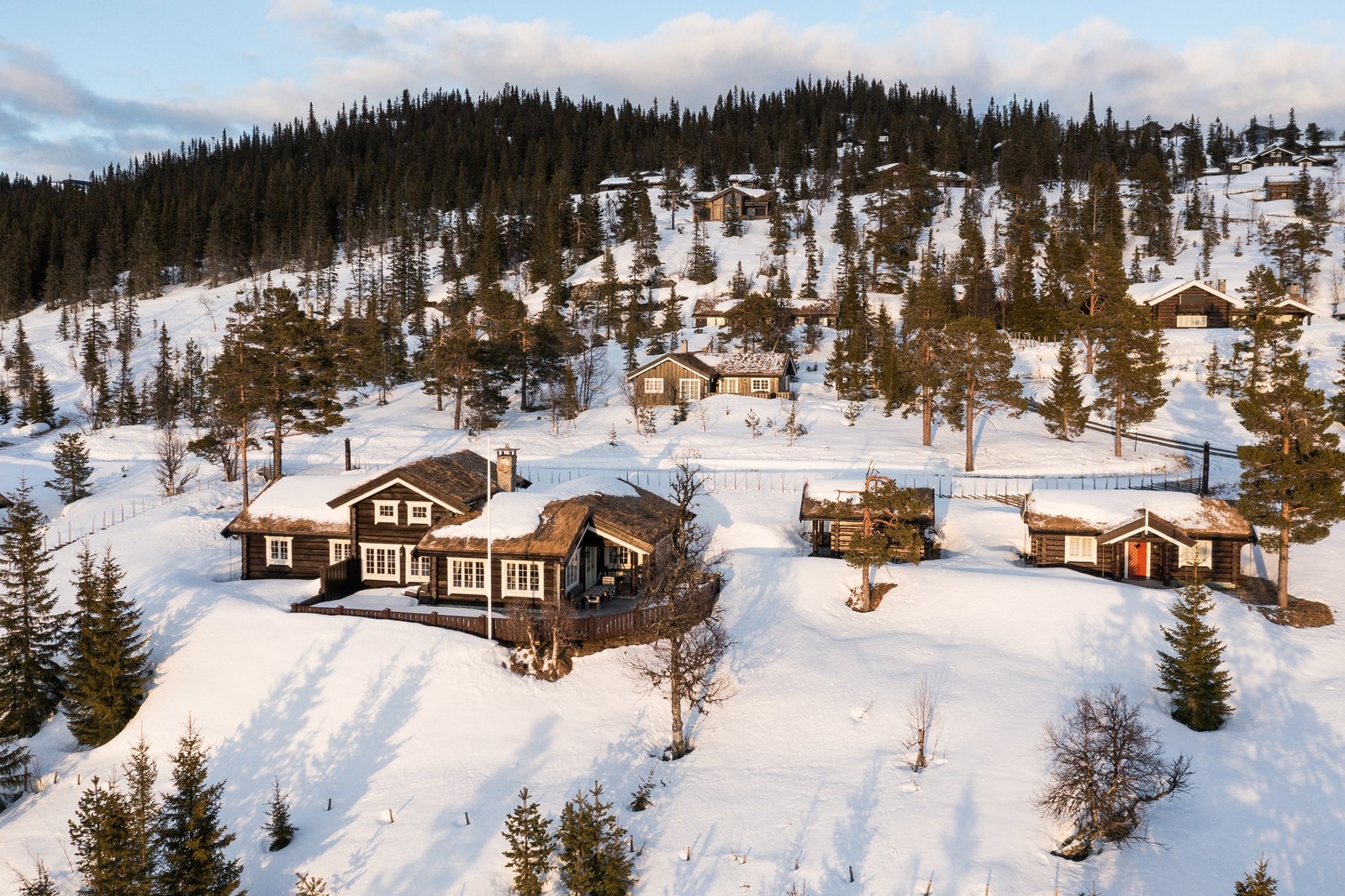 Komplett hyttetun med gjennomført stil - tømmer, torv og tidløs kvalitet Galleribilde