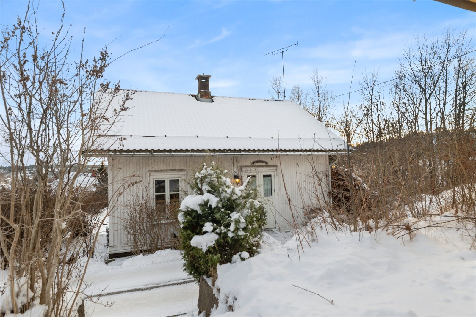 Husets fasade er kledd med panel og har en tradisjonell inngangsdør. Galleribilde