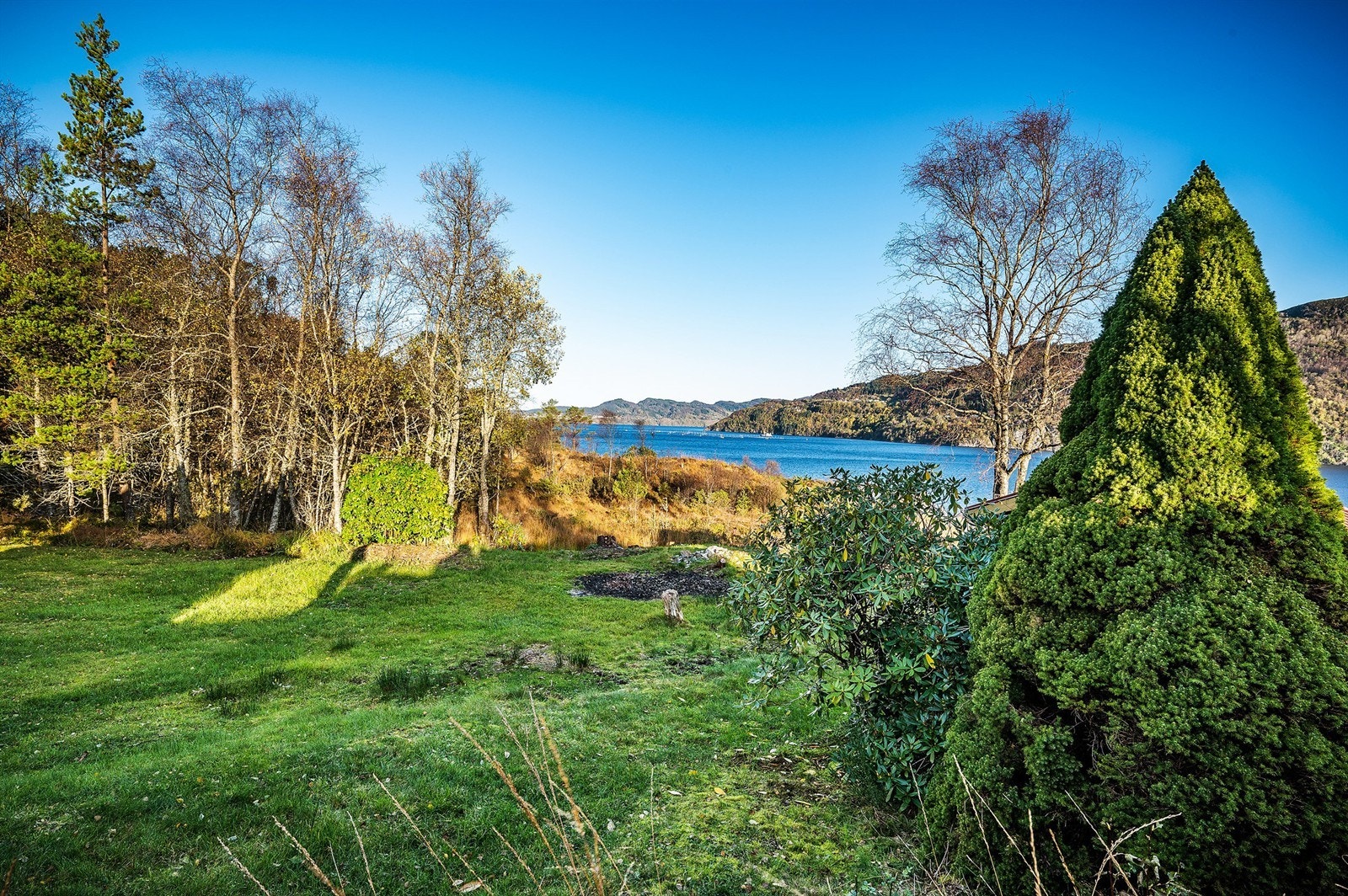 Flott åpen hage med utsikt over sjøen Galleribilde