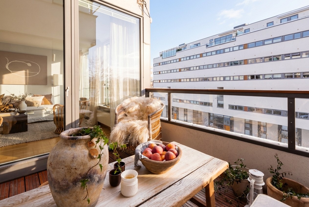 Balkongen er utstyrt med utelys og dobbel stikkontakt. Galleribilde