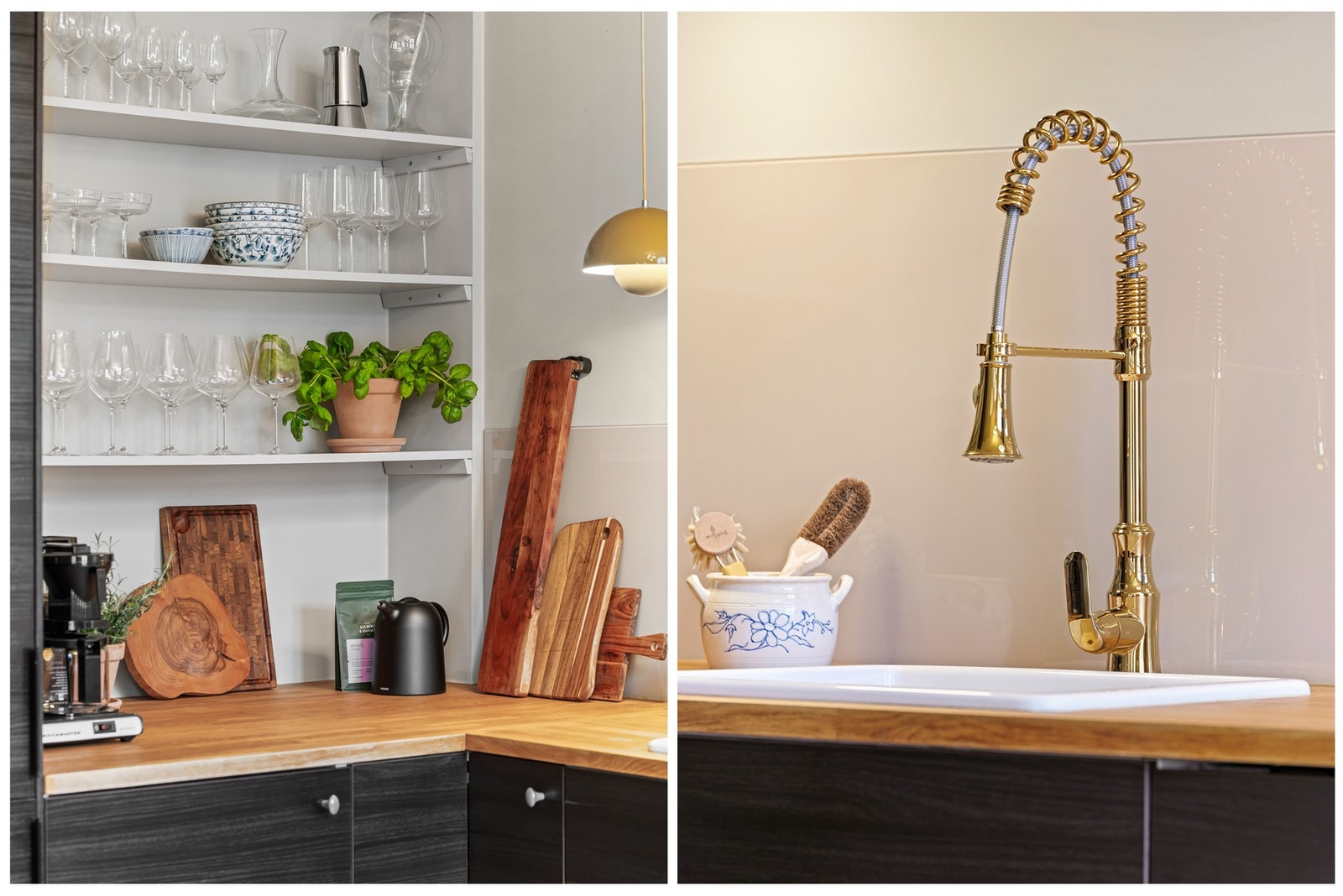 Kjøkkenet har heltre benkeplate som nylig er slipt og oljet, og en lekker kran over kjøkkenvasken Galleribilde