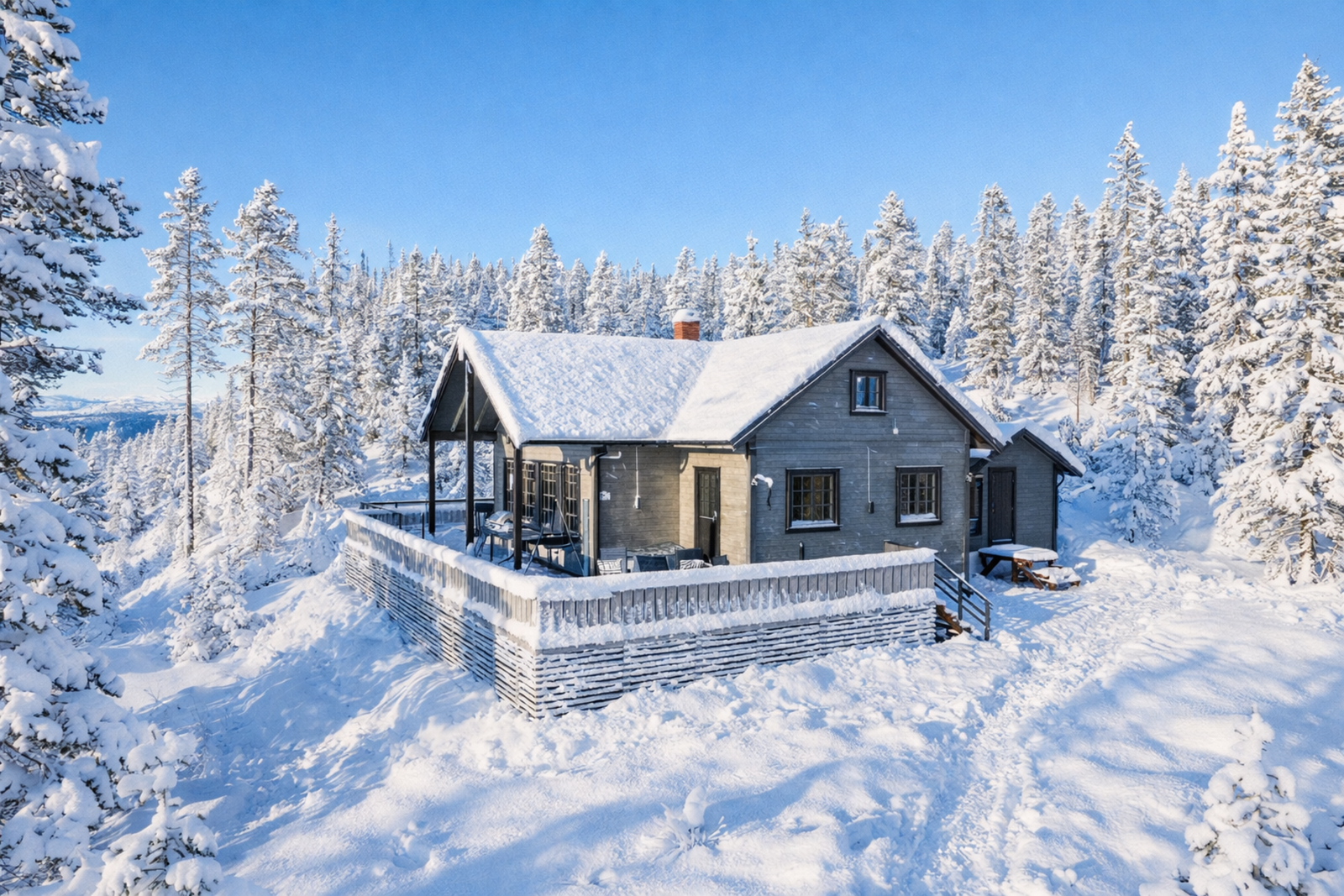 Svær terrasse rundt deler av hytta på hele 65 kvm. Galleribilde