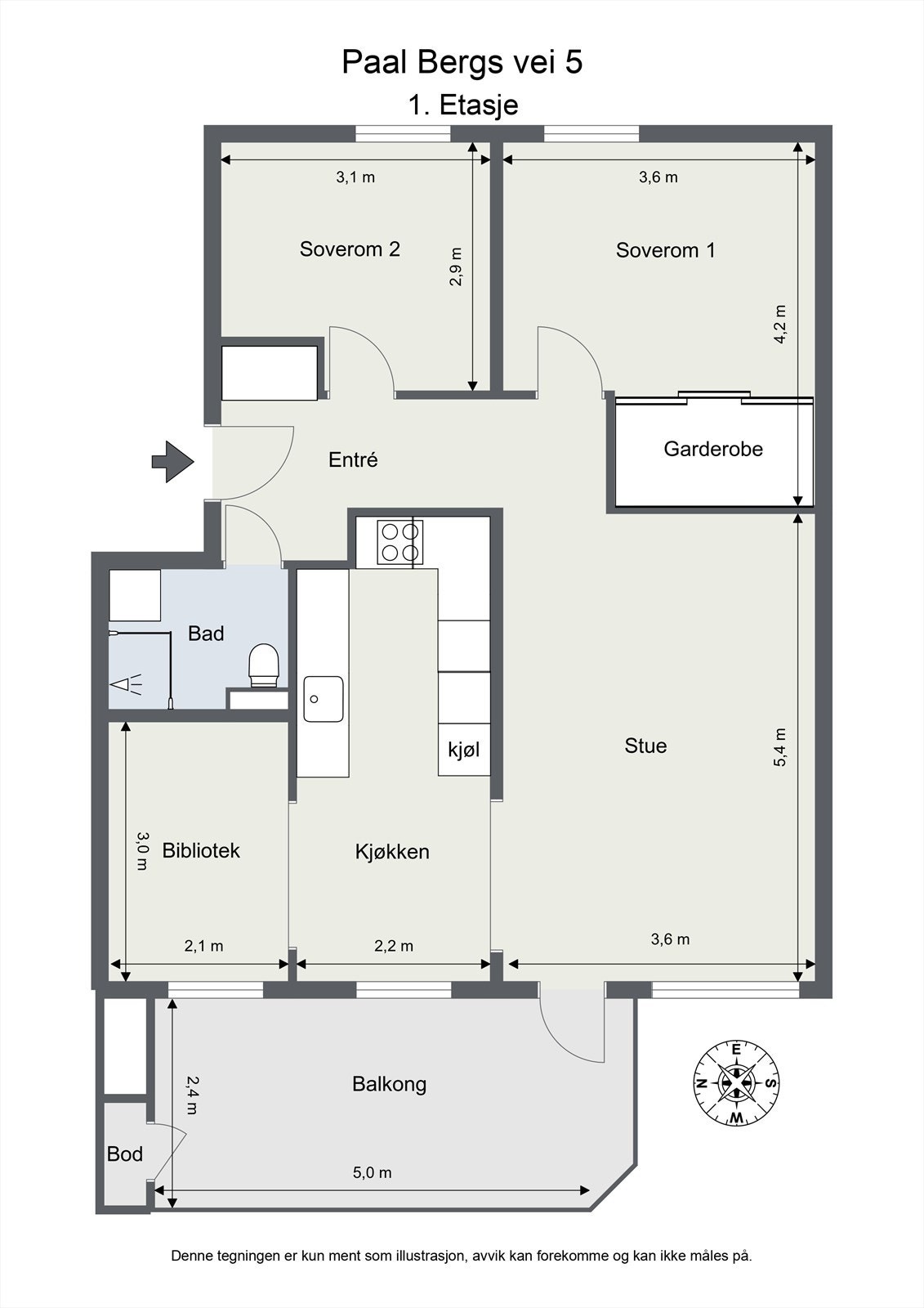 Plantegning. Leiligheten er opprinnelig en 4-roms og kan med enkle grep tilbakeføres til opprinnelig stand ved å sette opp vegg og dør i mellom bibliotek og kjøkken. Galleribilde