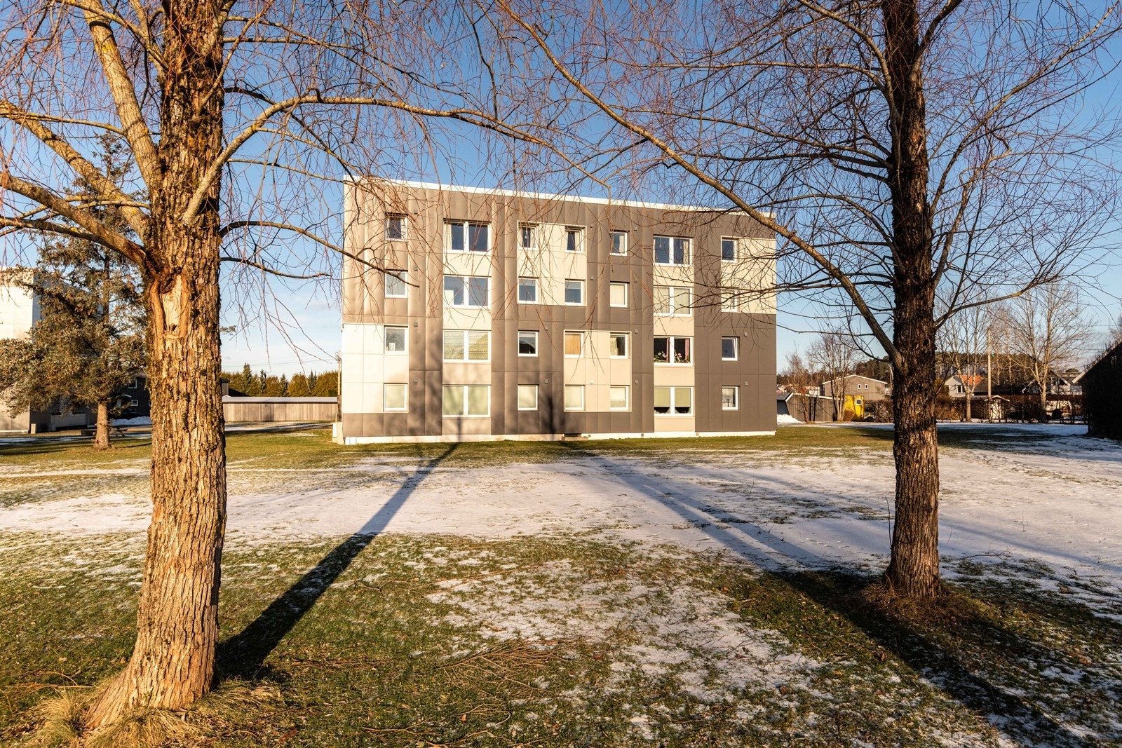 Store grøntområder omgir bygningen, noe som gir en åpen atmosfære. Galleribilde