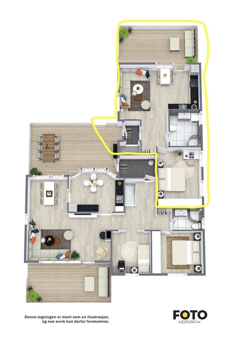 Plantegning. Utleiedel er markert i gult Galleribilde