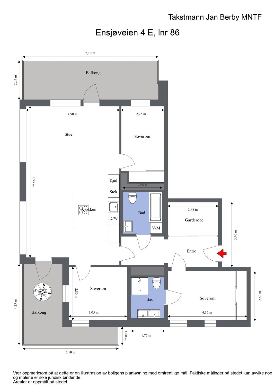Plantegningen viser en arealeffektiv planløsning med tre soverom, to bad og rikelig med uteplass. Leiligheten har egen p-plass i garasjeanlegg. Galleribilde