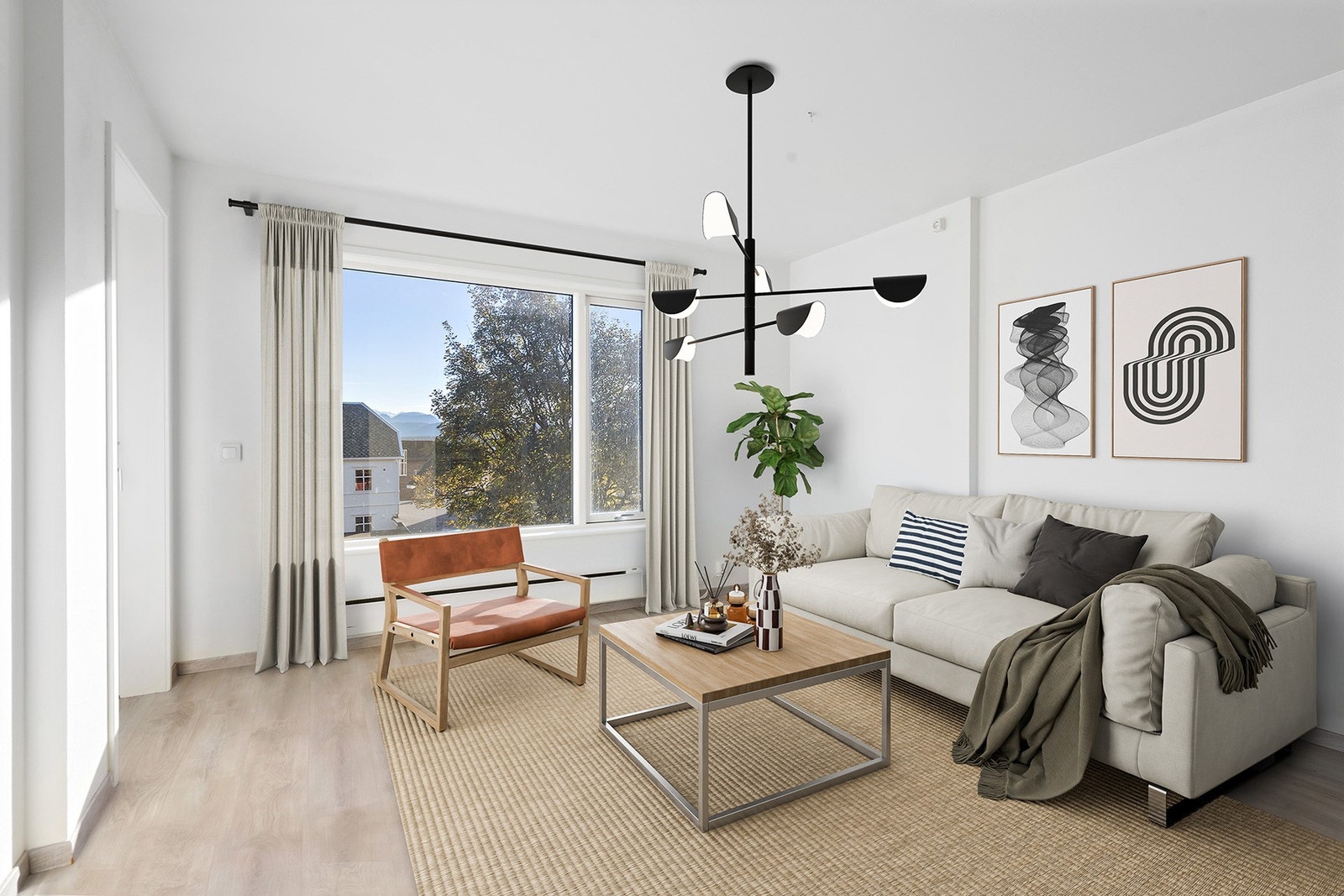 Hjertelig velkommen til Elvegata 9, presentert av Sondre Gjetøy v/EIE Eiendomsmegling. Foto: Diakrit (Espen Istad) Bildet er digitalt møblert. Galleribilde