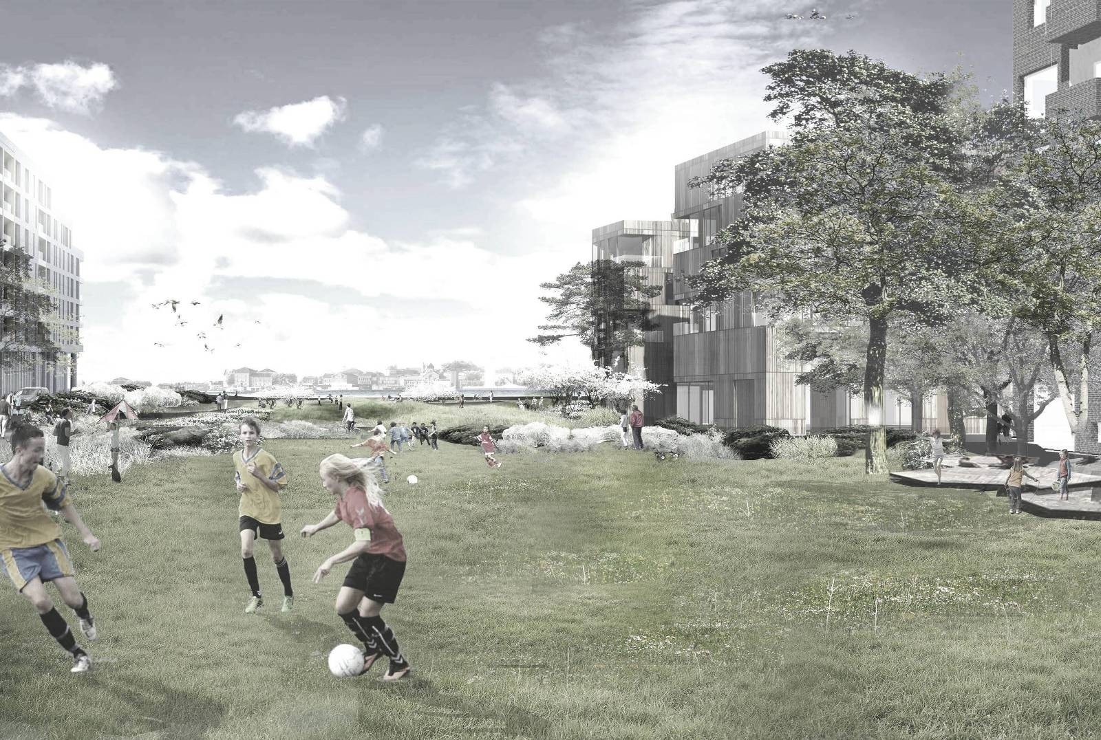 Boligen vender i sin helhet ut mot kommende park. Her blir det både luft og avstand til nærmeste bebyggelse med svært gode utsiktsforhold mot sjøen. Tidligere illustrasjon, Bebyggelsen på høyre side avviker Galleribilde