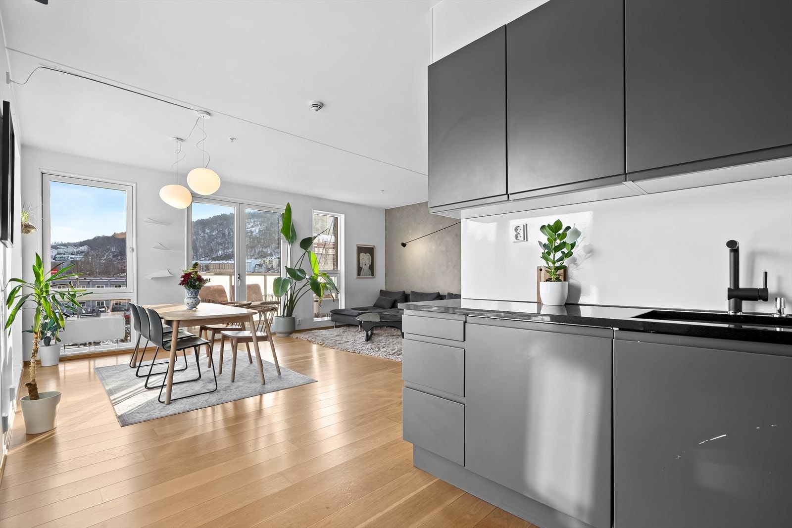 Kjøkkenet er godt utstyrt med integrert kjøl/frys, oppvaskmaskin, stekeovn og induksjonstopp, samt ventilator med mekanisk avtrekk og integrert komfyrvakt. Galleribilde