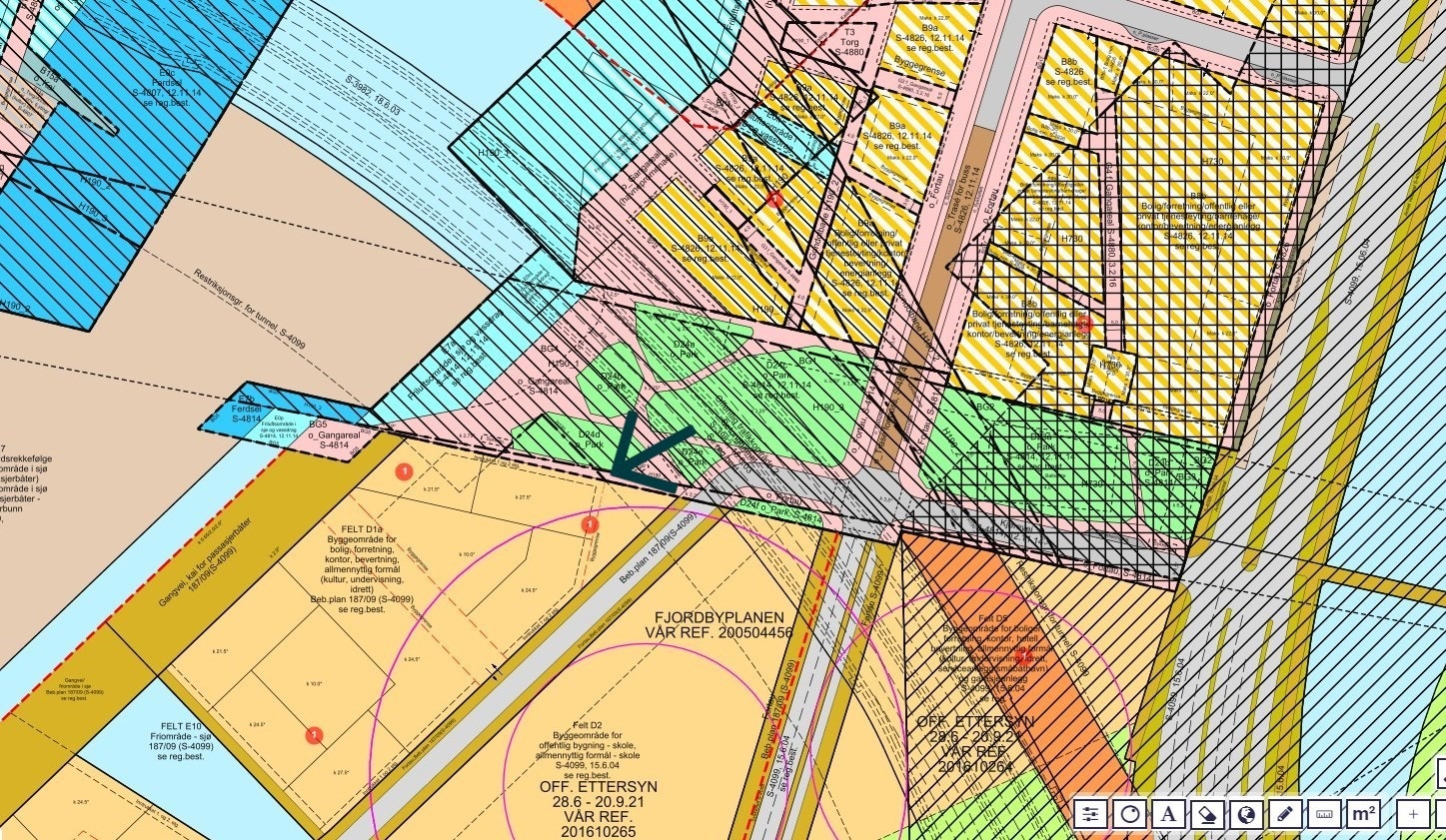 I tillegg til å ha en fordelaktig vinkling av bygget mot indre havnebasseng og Barcode, så vil det etableres en bred park med meget god avstand til nærmeste bebyggelse Galleribilde