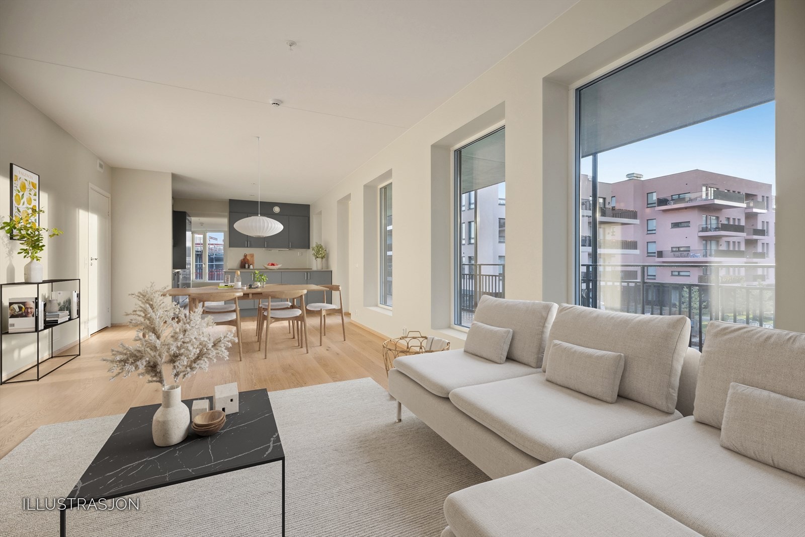 Romslig stue/spisestue i åpen løsning mot kjøkken. Galleribilde