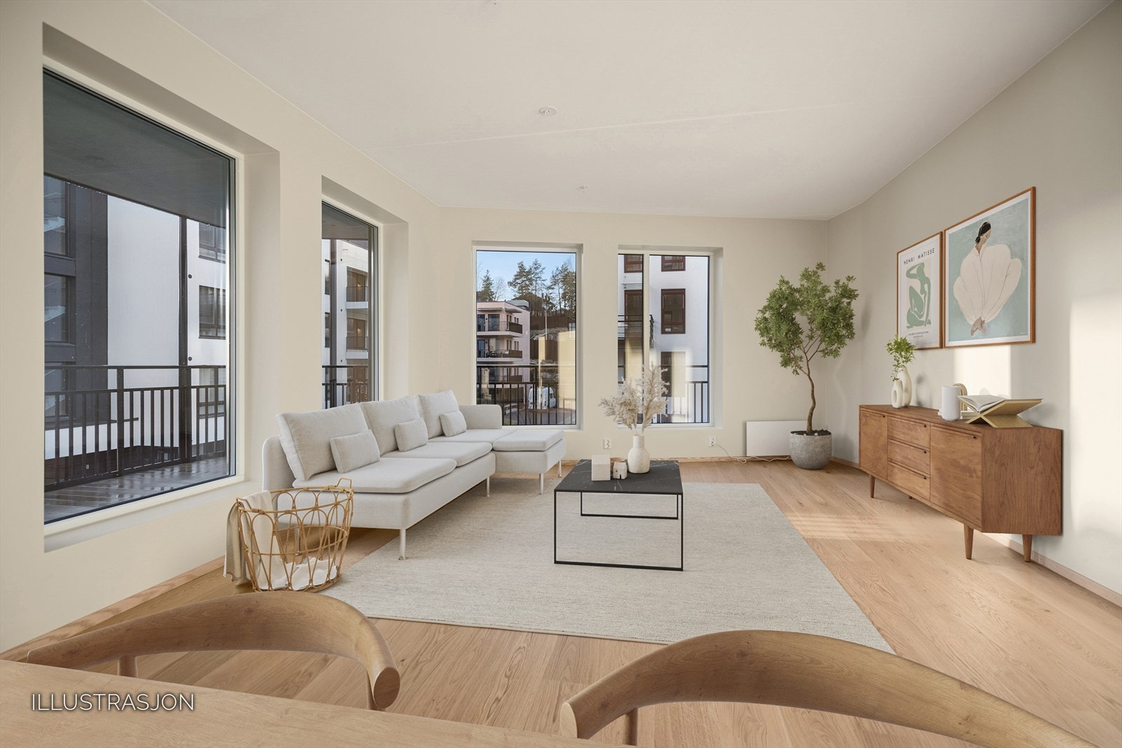 Stue/spisestue med god plass til valgfri møblering. Galleribilde