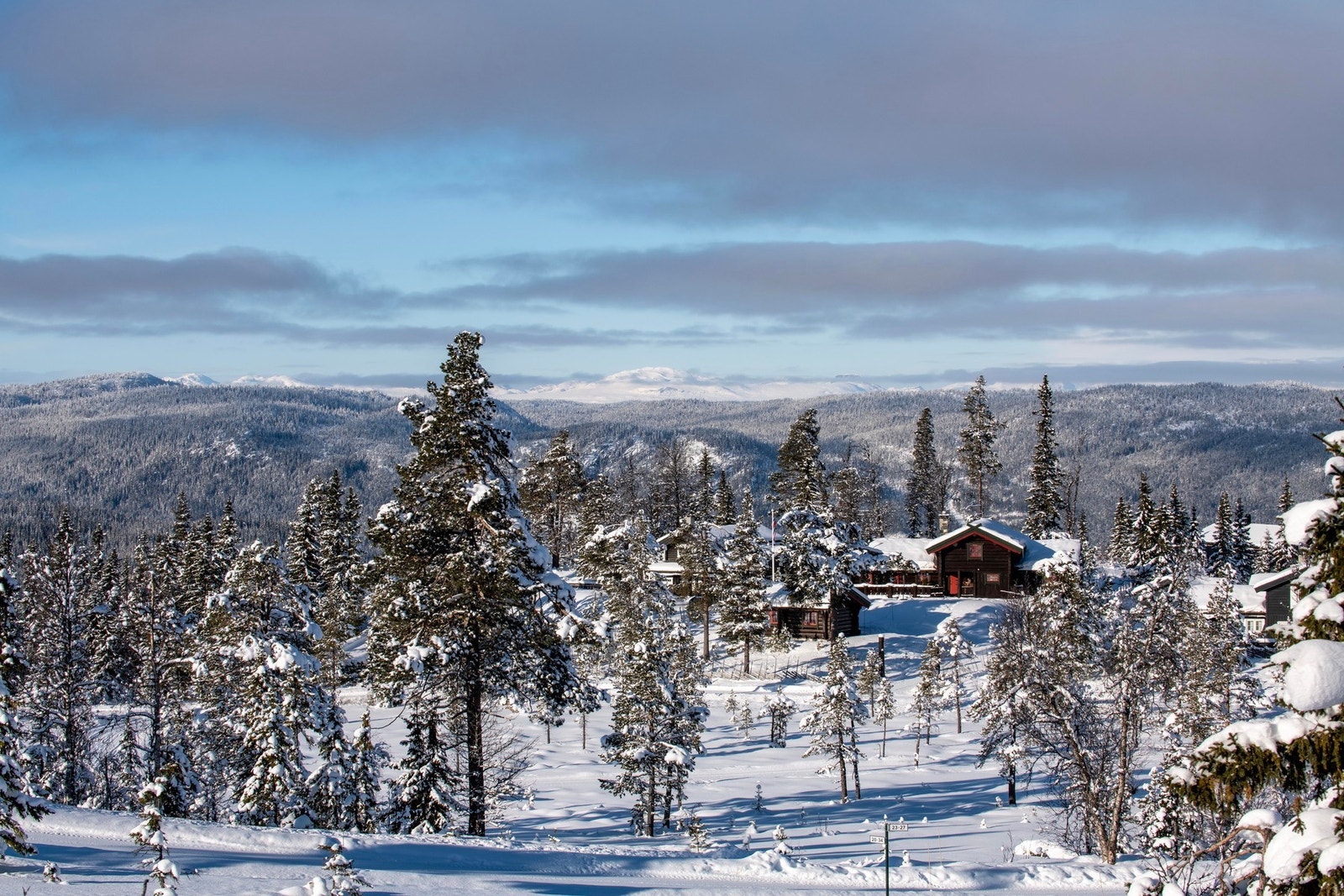 Utsikt bilde. Langrennsløypene med kort vei til høyfjellet kan skimtes midt i bilde tatt fra stuen. Galleribilde