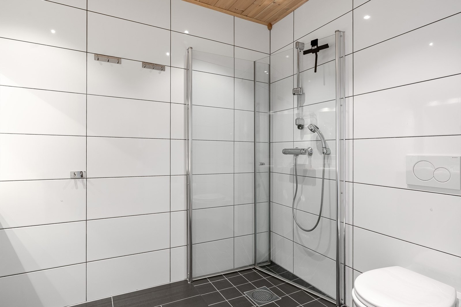 Baderommet er også utstyrt med dusjhjørne med innfellbare glassdører og vegghengt toalett. Galleribilde