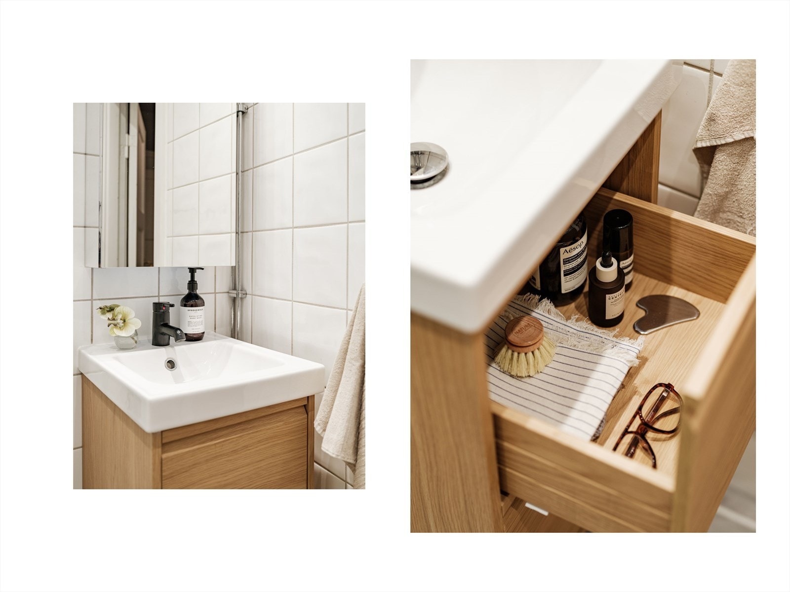 Det er god plass til oppbevaring i speil- og servantskap. Legg merke til at detaljer i eik går igjen her også. Galleribilde