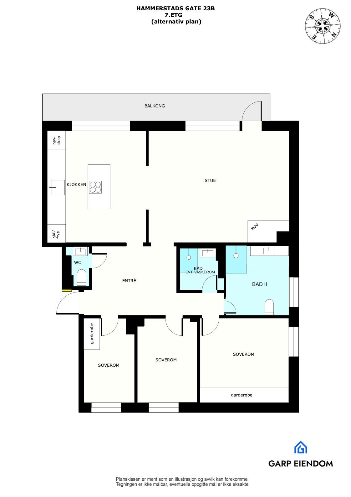 Illustrasjon alternativ planløsning. Selger/megler har ikke undersøkt hvorvidt den skisserte løsningen lar seg gjennomføre som illustrert, ny eier må selv gjøre undersøkelser med fagkyndig. Galleribilde