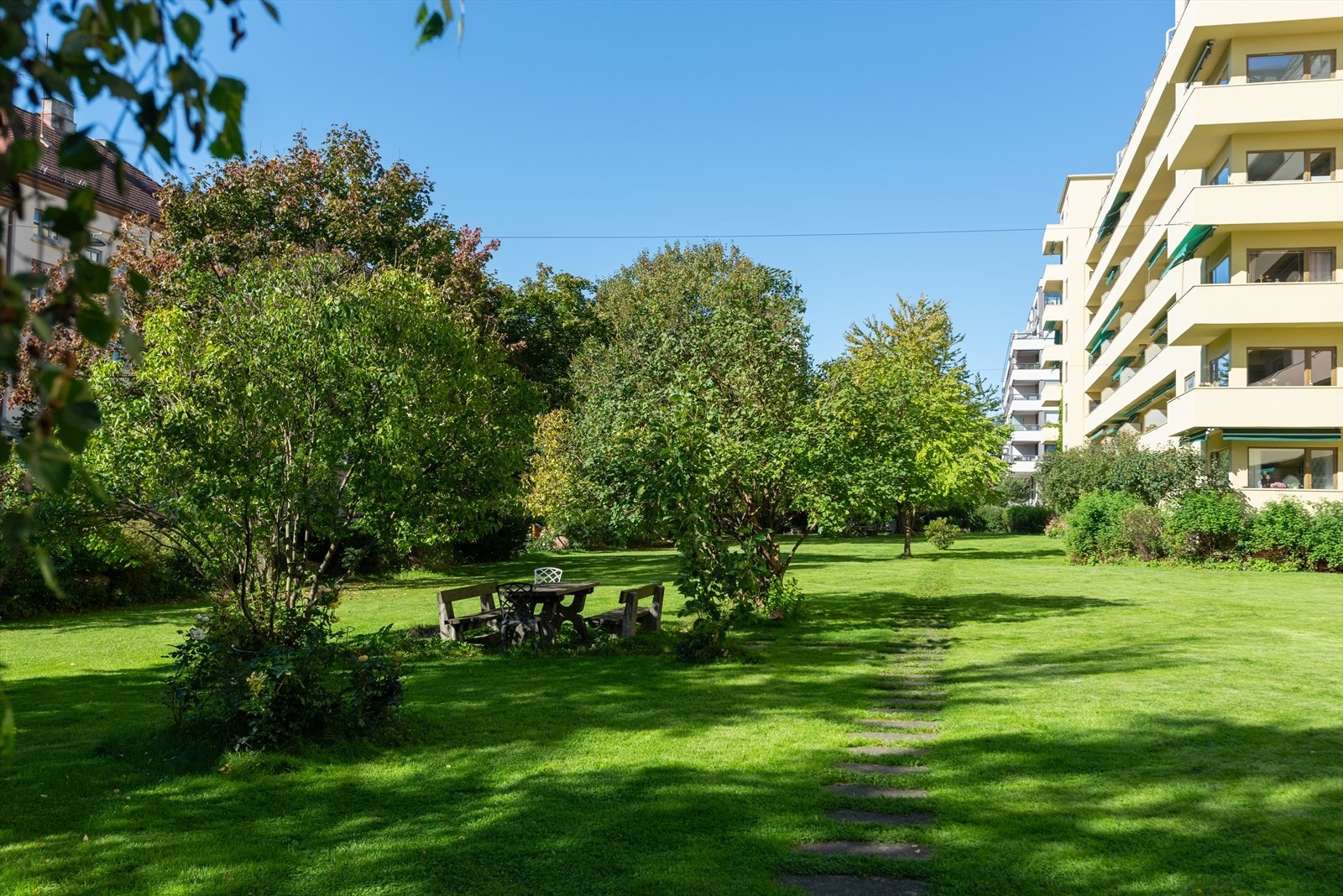 Parkmessig og skjermet bakgård med stor, grønn gressplen, trær og hyggelige sittegrupper. Galleribilde