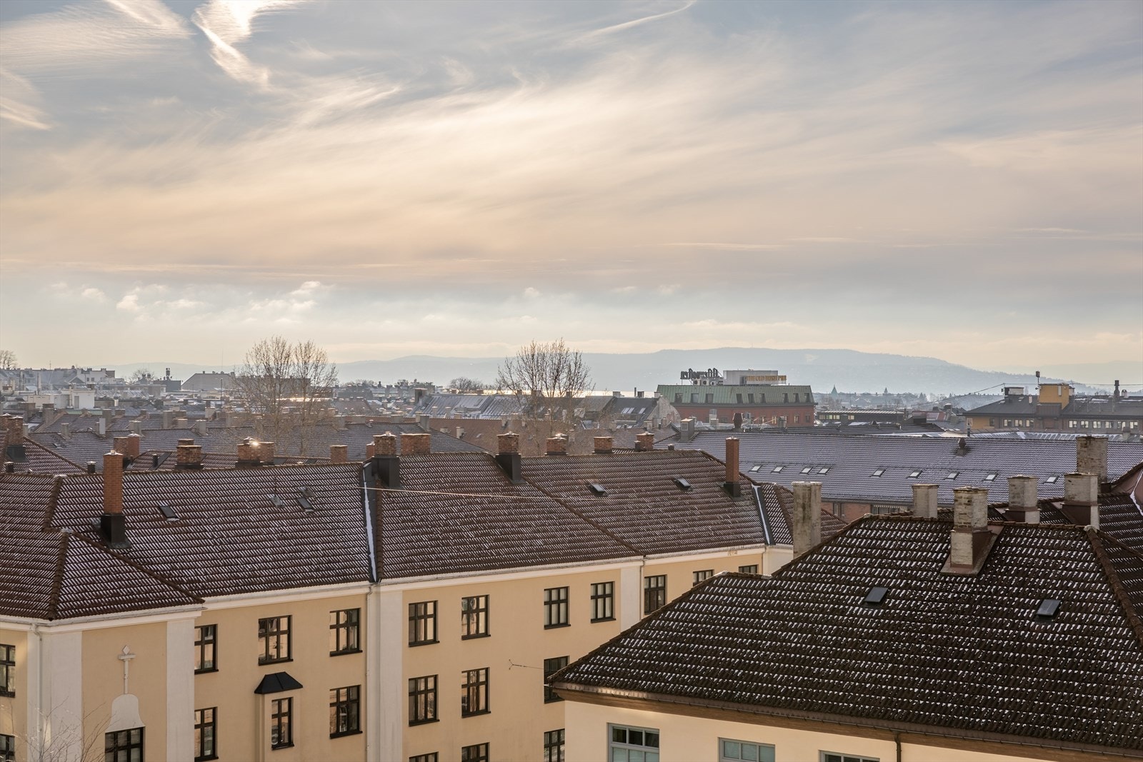 Nydelig utsikt over byens tak med glimt av fjorden i det fjerne. Galleribilde