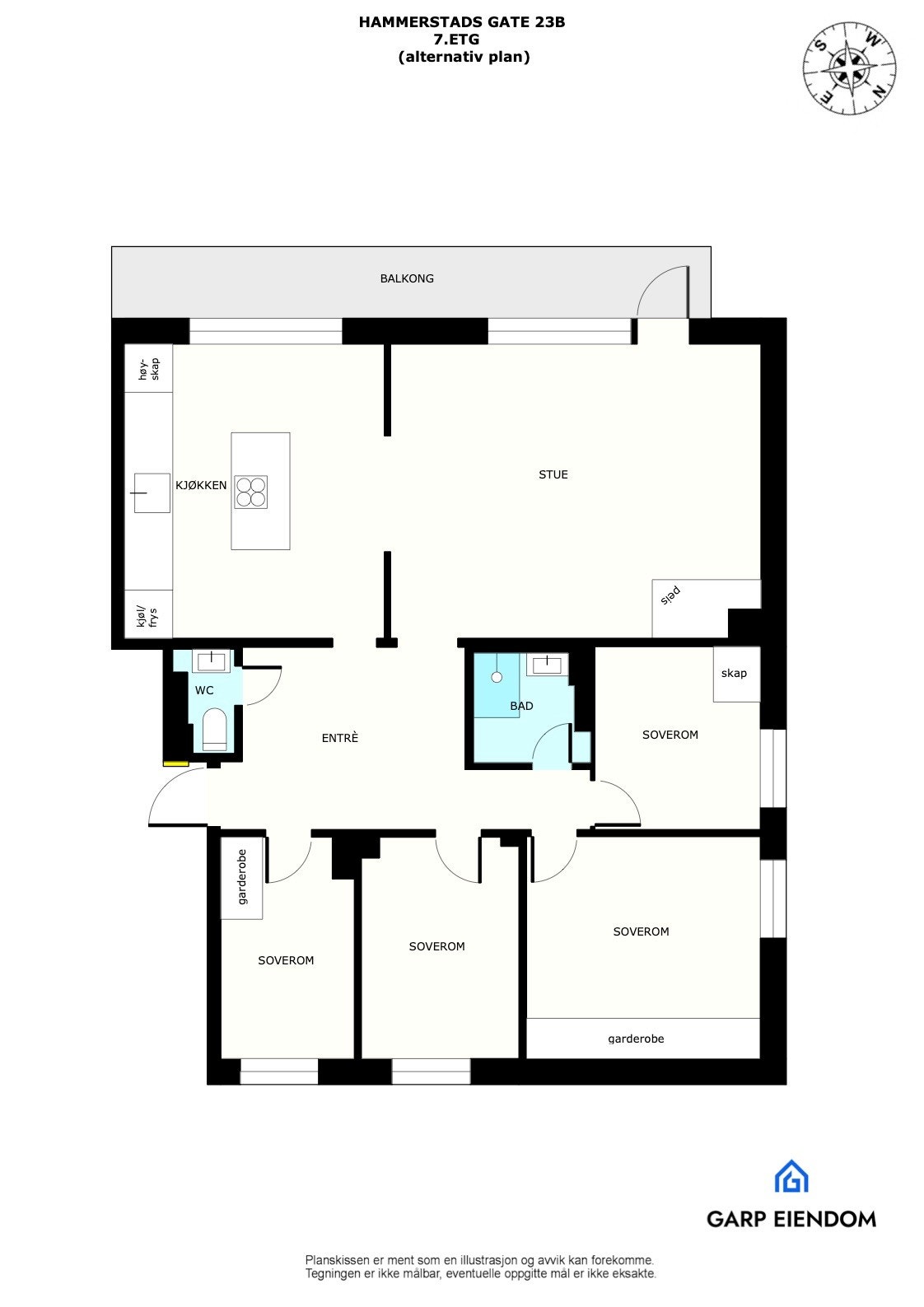 Alternativ planløsning for omgjøring til 5-roms. Kun ment som illustrasjon. Galleribilde