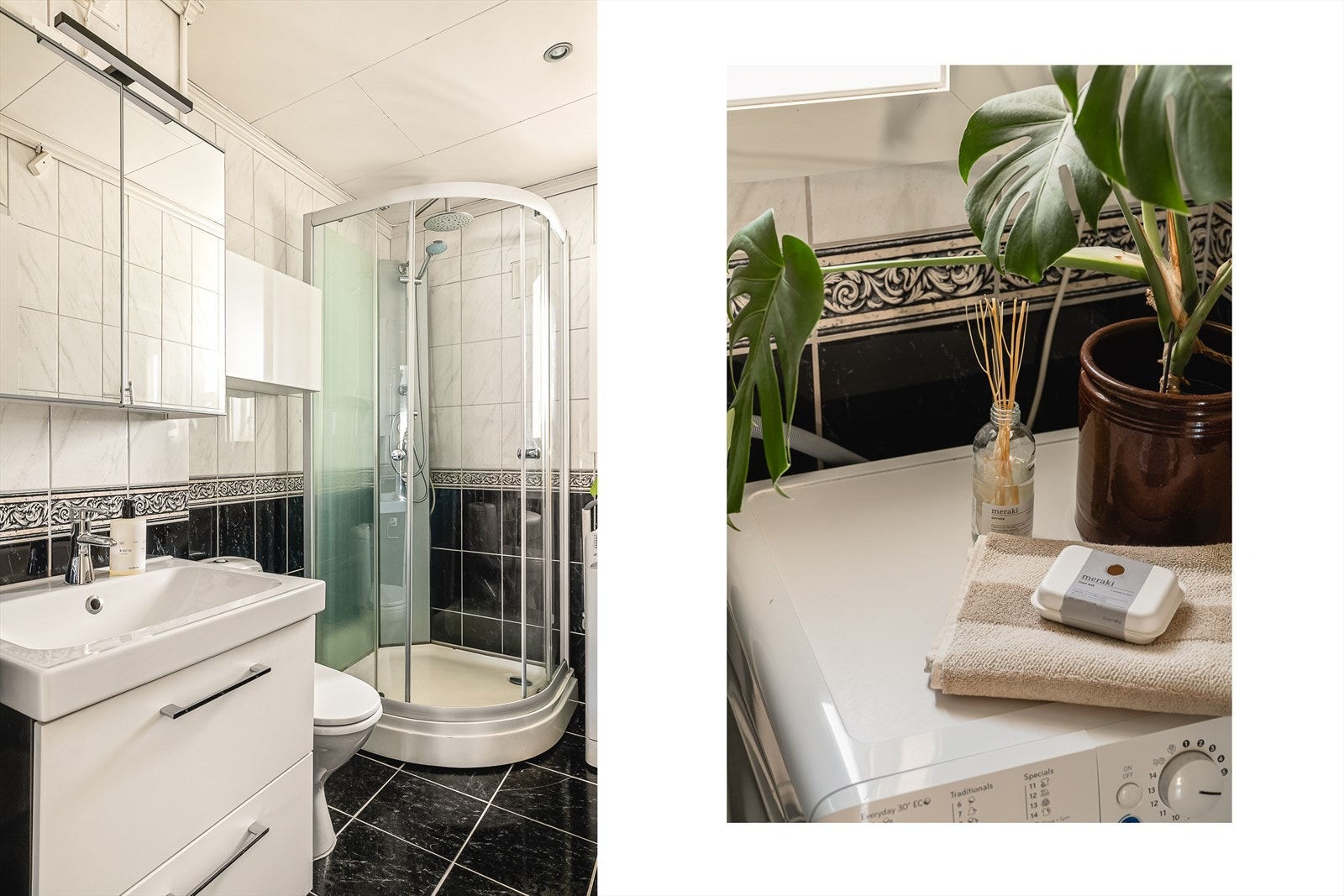 Badet er innredet med toalett, dusjkabinett, servant møblement med speil og har opplegg for vaskemaskin. Galleribilde