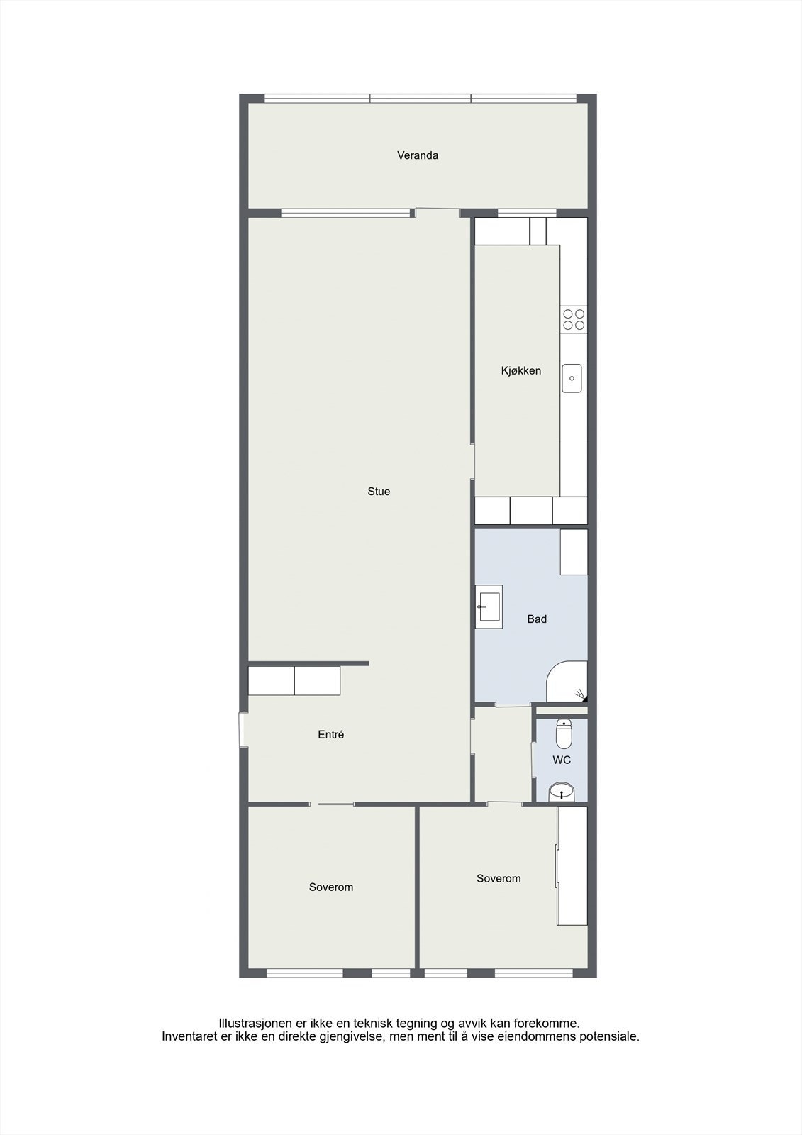 Illustrasjonen er ikke en teknisk tegning og avvik kan forekomme. Inventaret er ikke en direkte gjengivelse, men ment til å vise eiendommens potensiale. Galleribilde