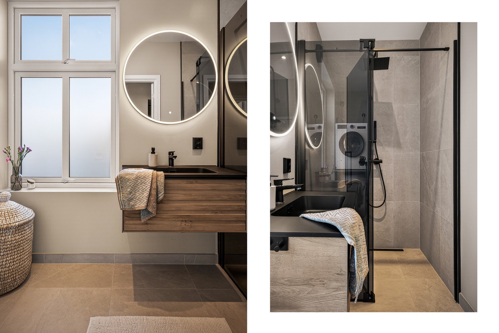 - Badet fremstår delikat med fliser på gulv og i dusjsonen, vegghengt toalett og moderne innredning - Galleribilde