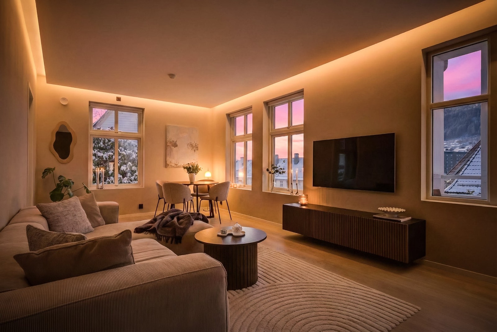 - Stue og kjøkken ligger i åpen løsning og har stilig LED-belysning i himlingen - Galleribilde