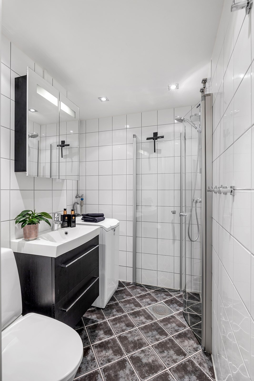 Dusjhjørne med innfellbare glassdører, samt opplegg for vaskemaskin. Galleribilde