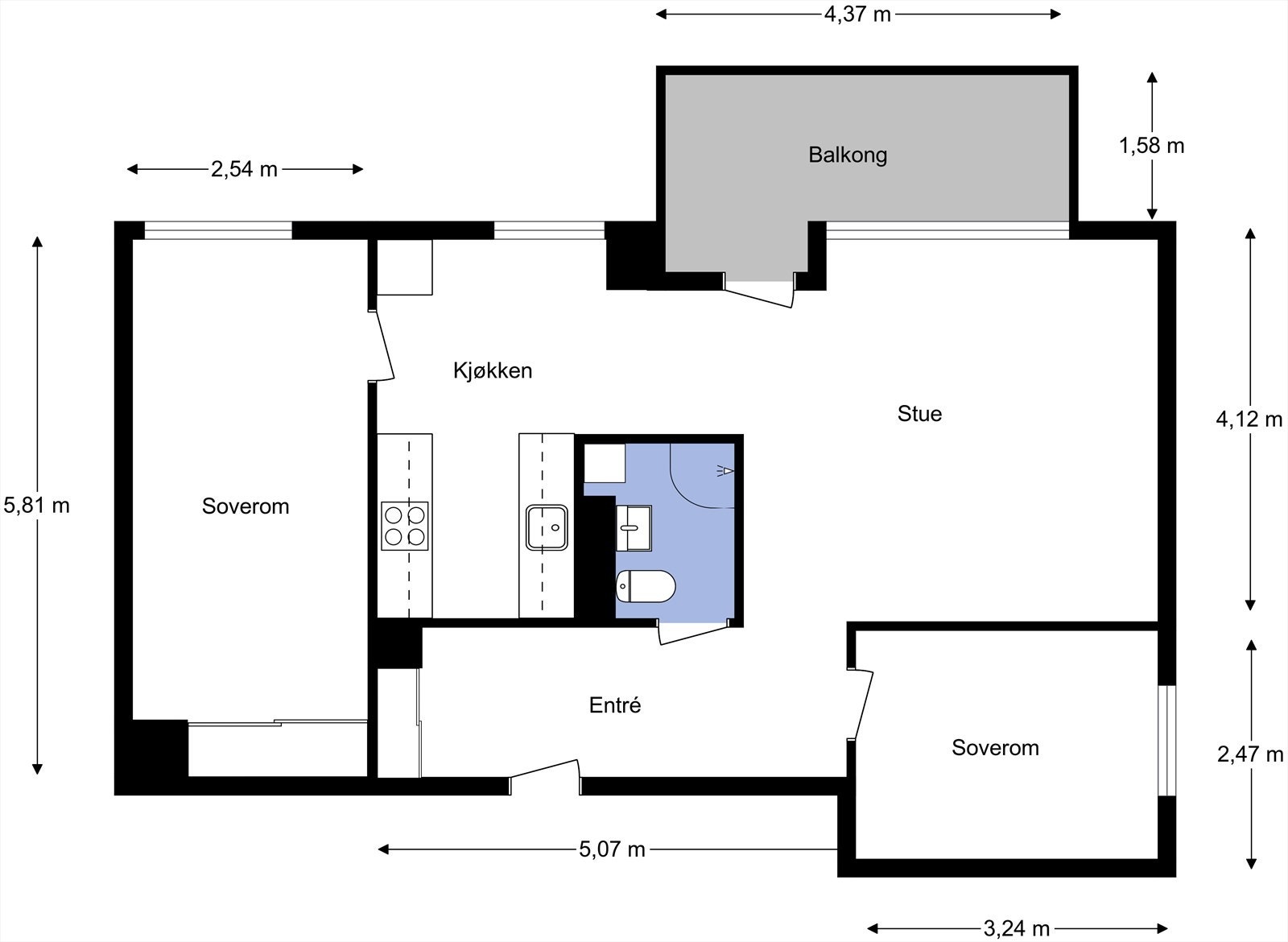 Leiligheten ligger i 10. etasje og inneholder entré, bad, kjøkken, stue med utgang til balkong og 2 soverom.
I tillegg disponerer leiligheten 2 kjellerboder. Galleribilde