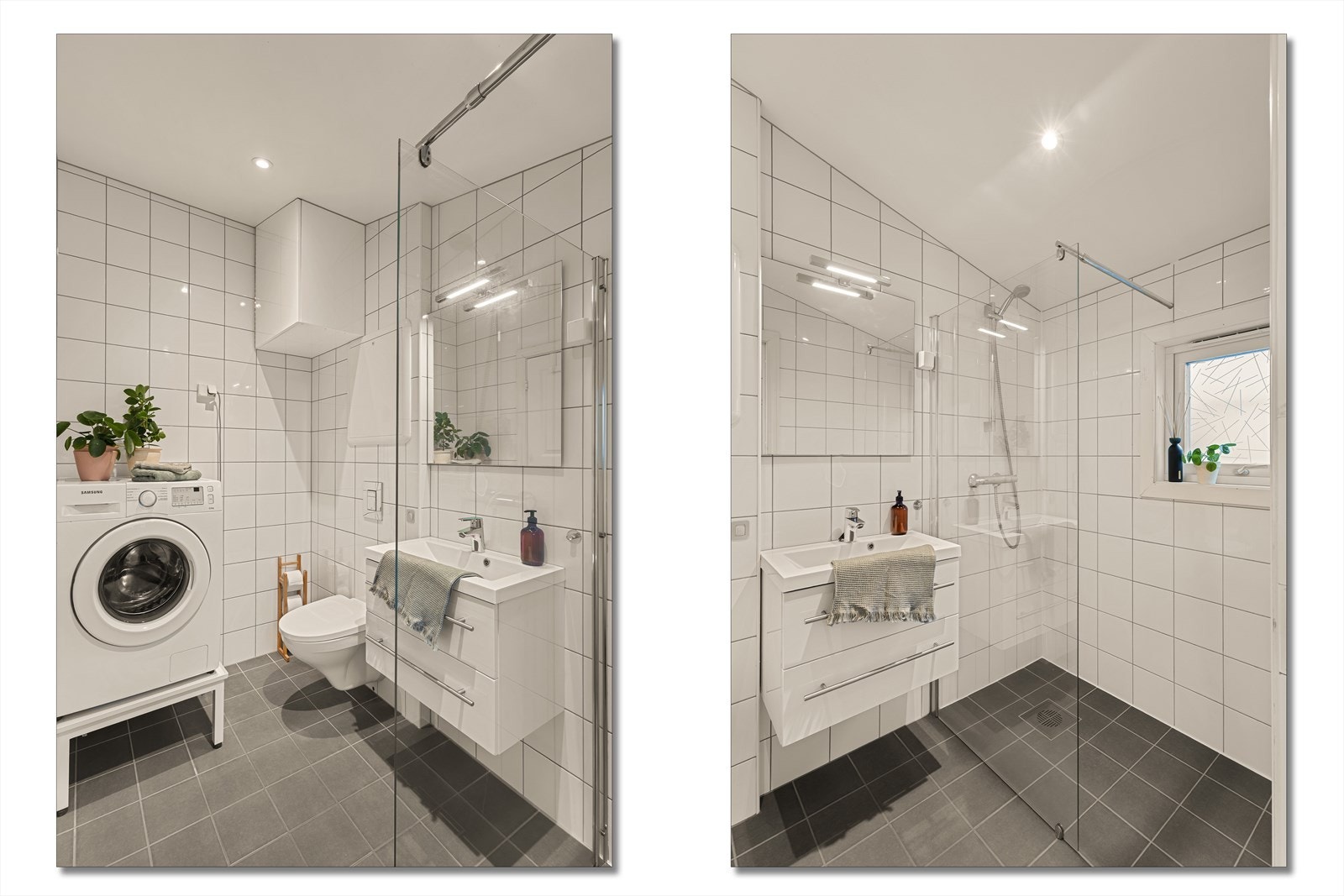 Opplegg for vaskemaskin og tørketrommel. Rør i rør system med fordelerskap over vegghengt toalett Galleribilde