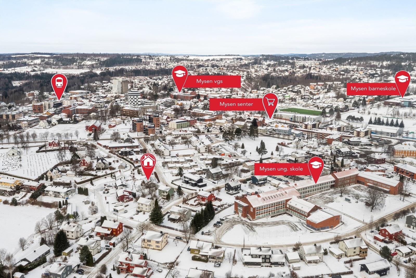 Eiendommen har en attraktiv og sentral beliggenhet i Mysen sentrum med kort vei til alt man trenger. Galleribilde