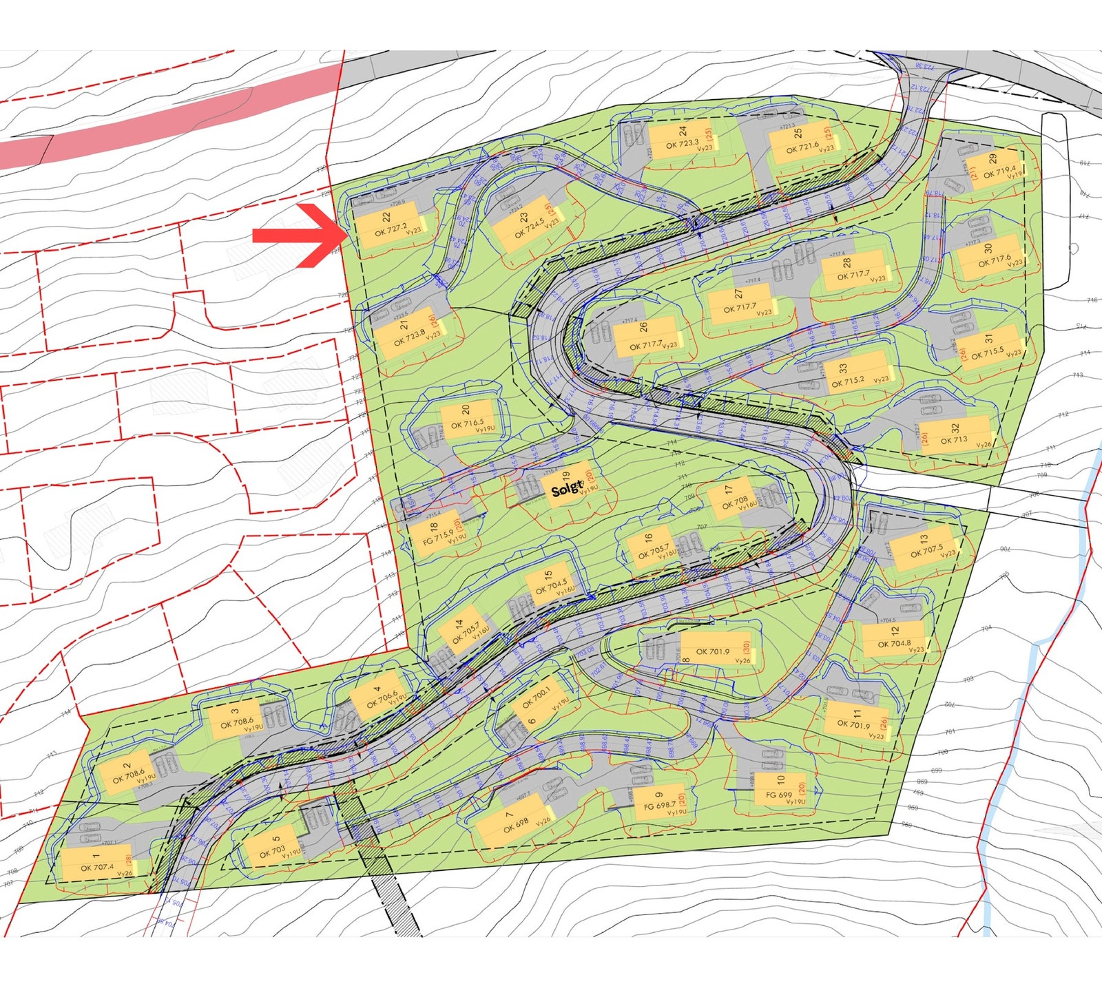 Situasjonskart. I annonsen er tomt 22 priset. Galleribilde